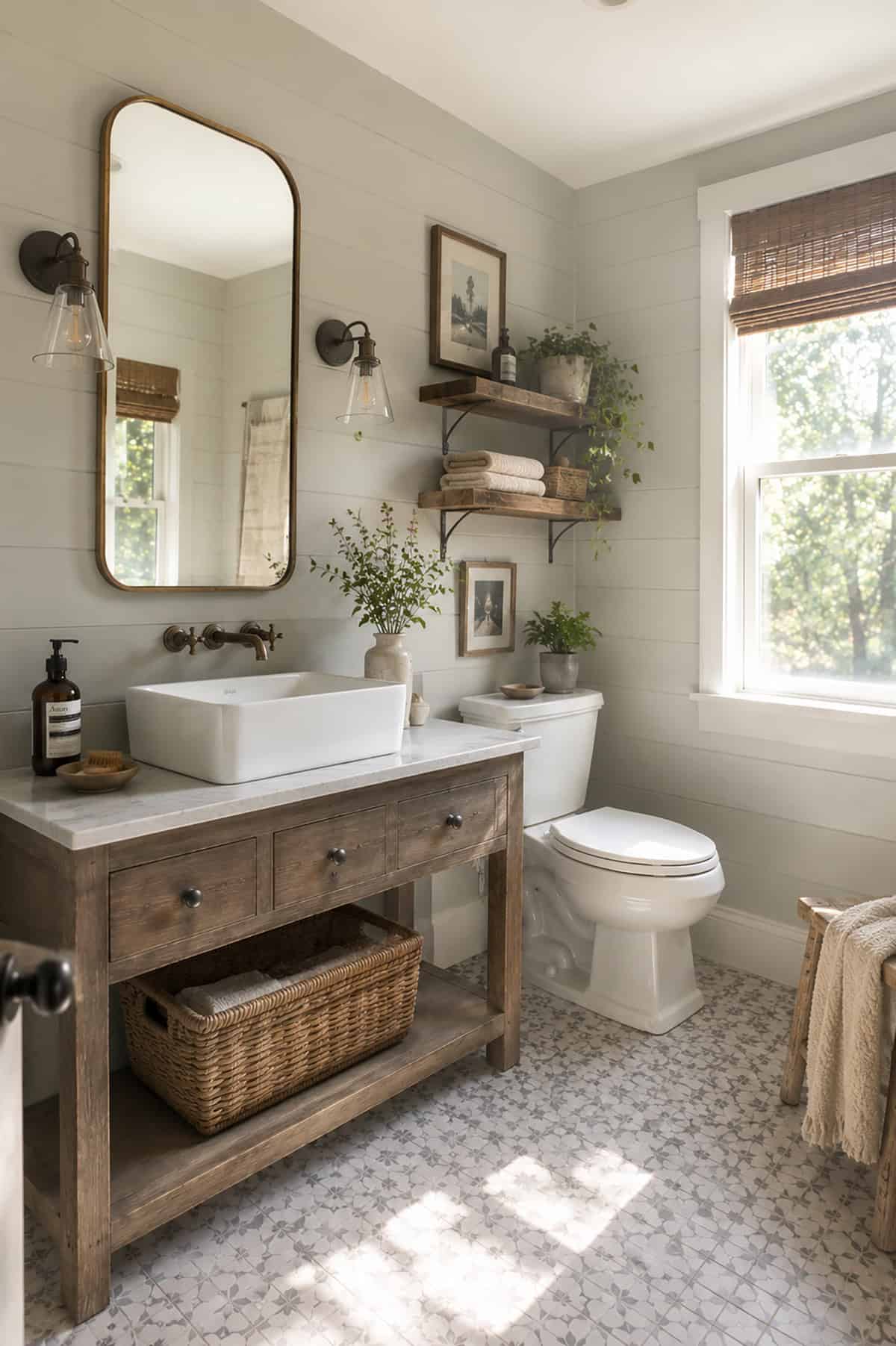 Light Gray Shiplap Bathroom with Open Shelf