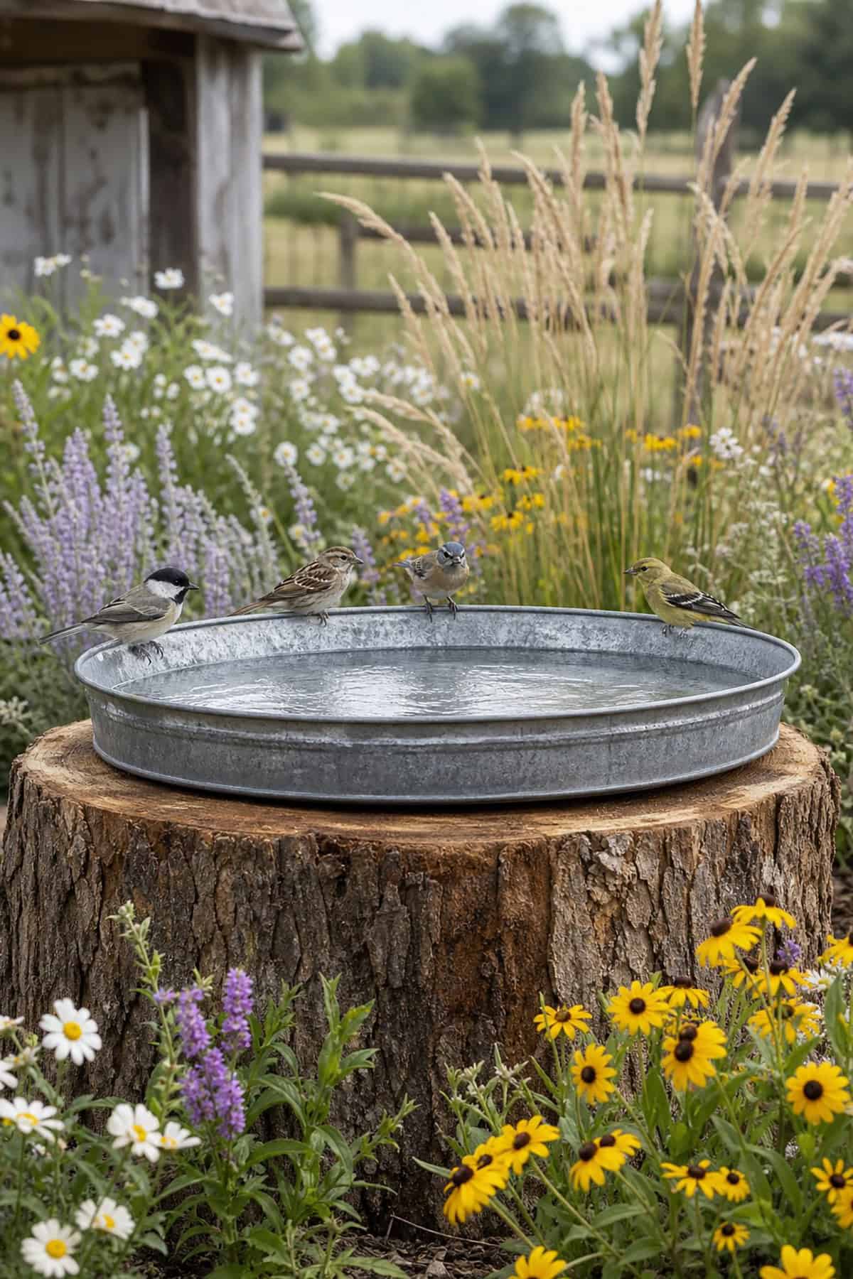 Log Slice and Metal Tray Bird Bath
