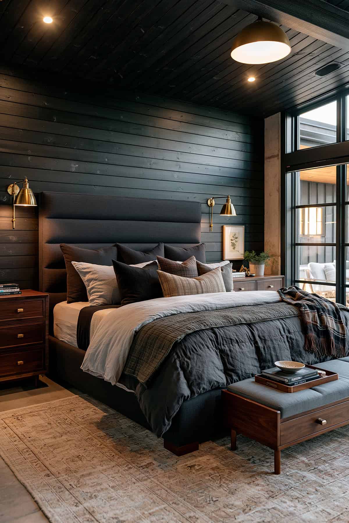 Moody Black Shiplap Bedroom Accent Wall