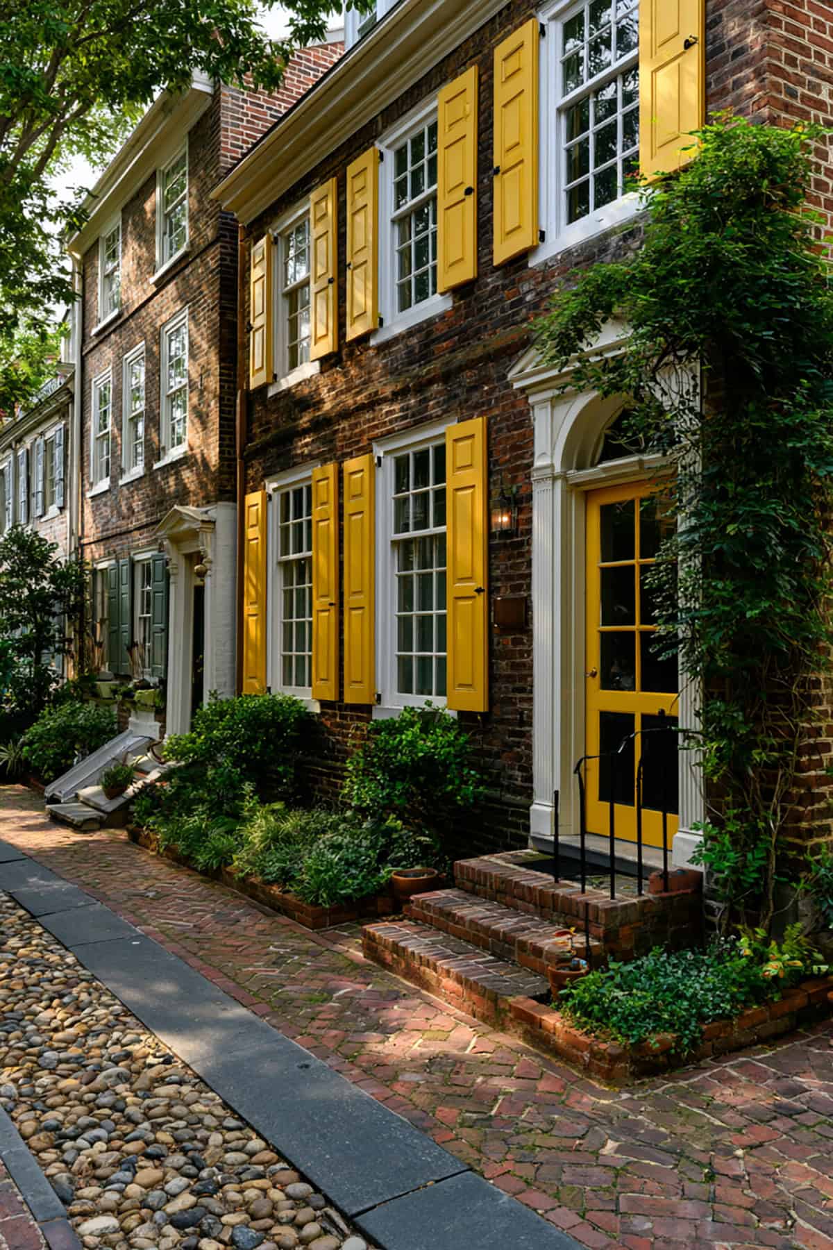 Mustard Yellow Shutters On Vintage Brick