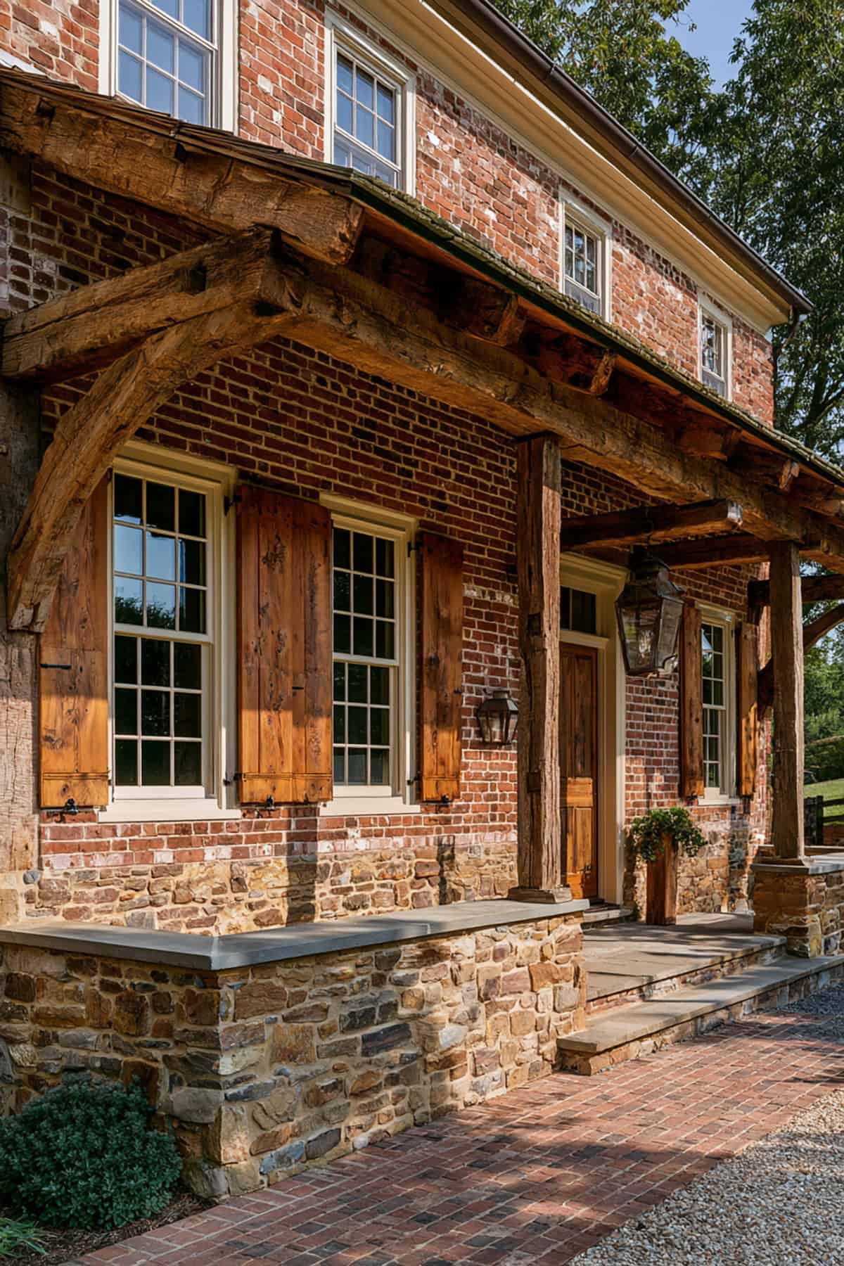 Natural Cedar Shutters On Brick Farmhouse