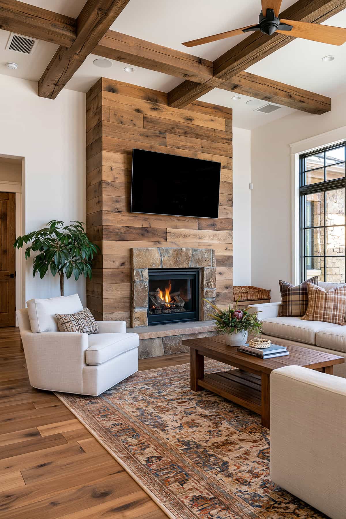 Natural Wood Shiplap Fireplace Wall