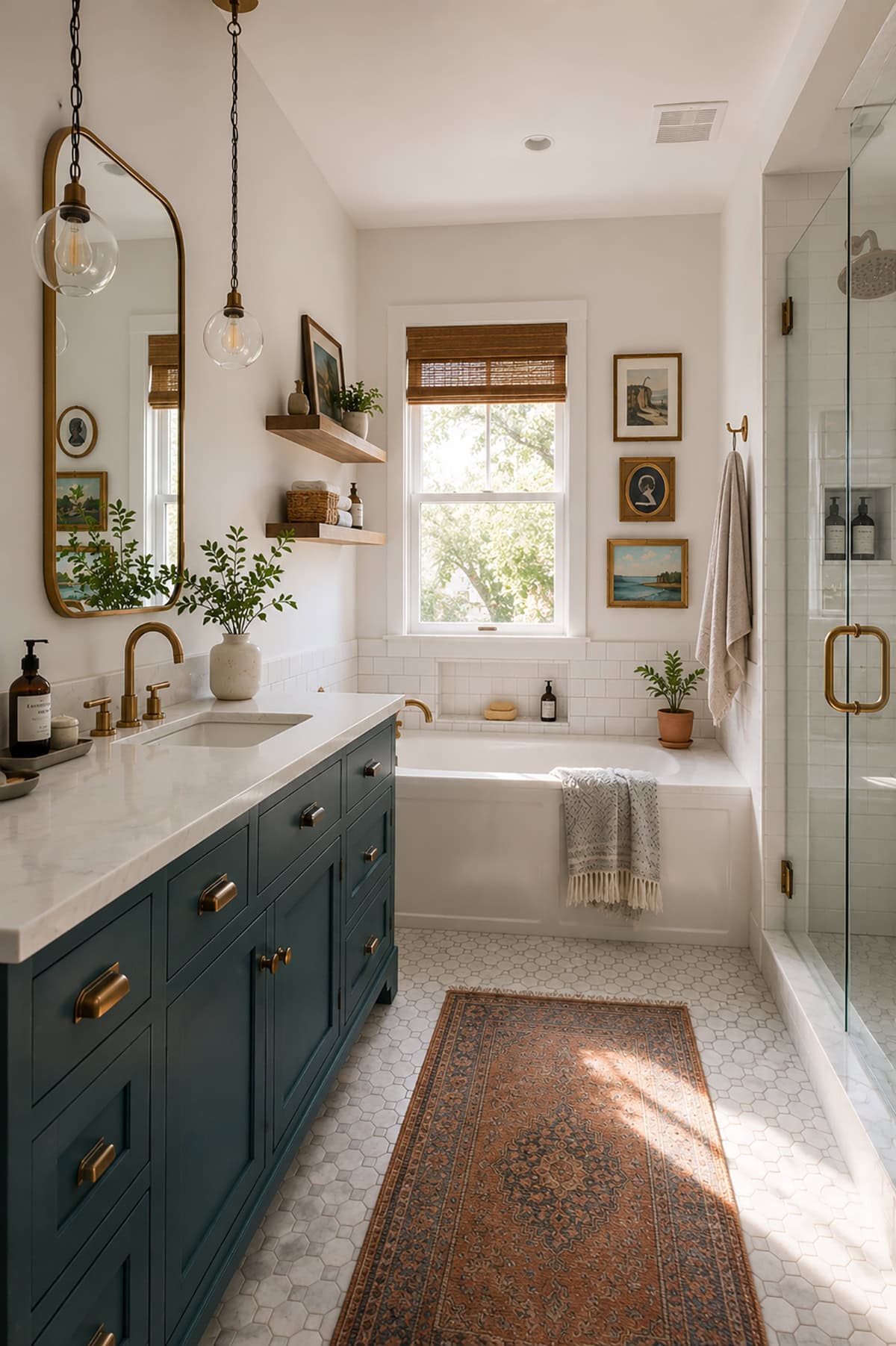 Navy Blue Farmhouse Vanity with Brass Hardware