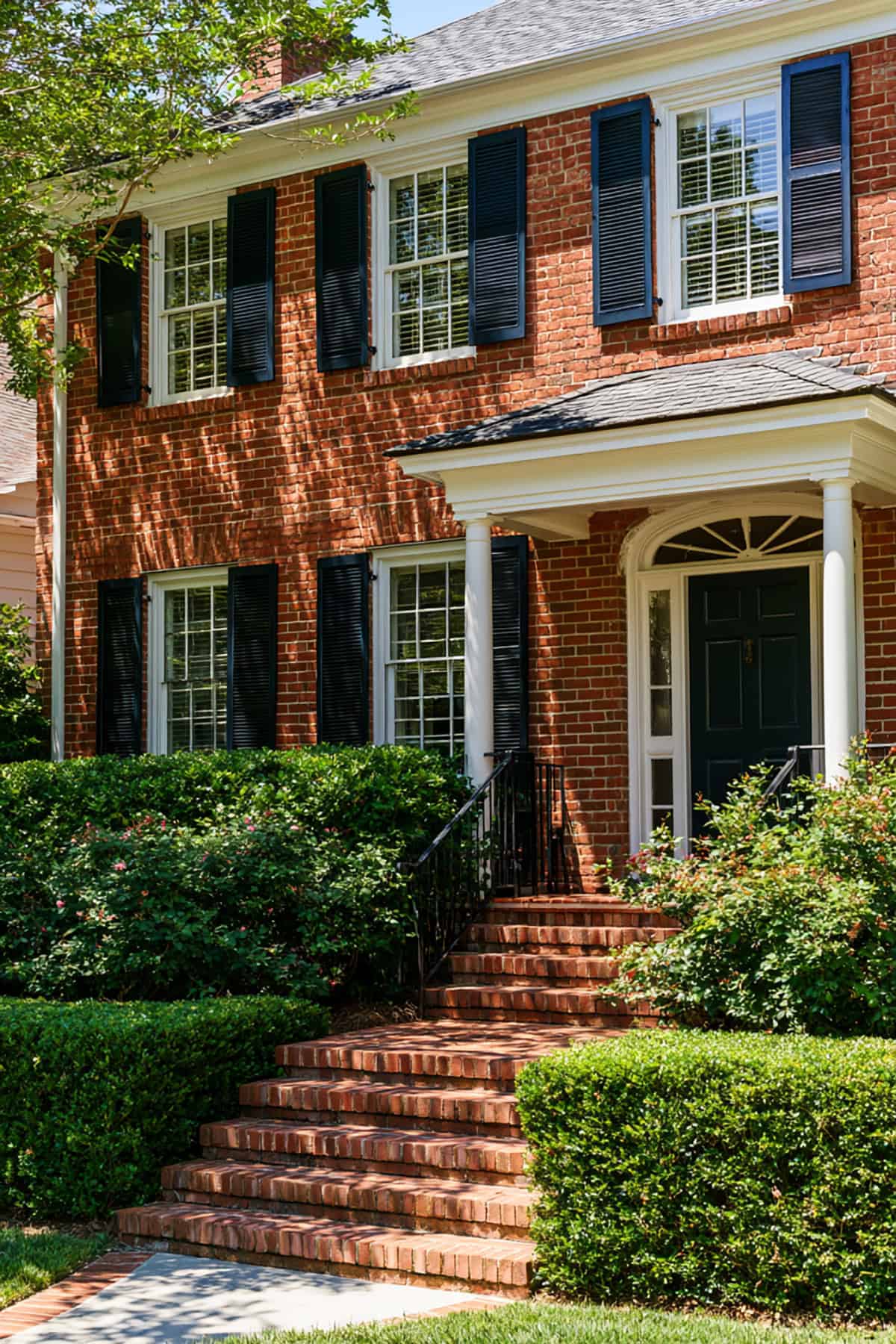 Navy Blue Shutters On Classic Brick