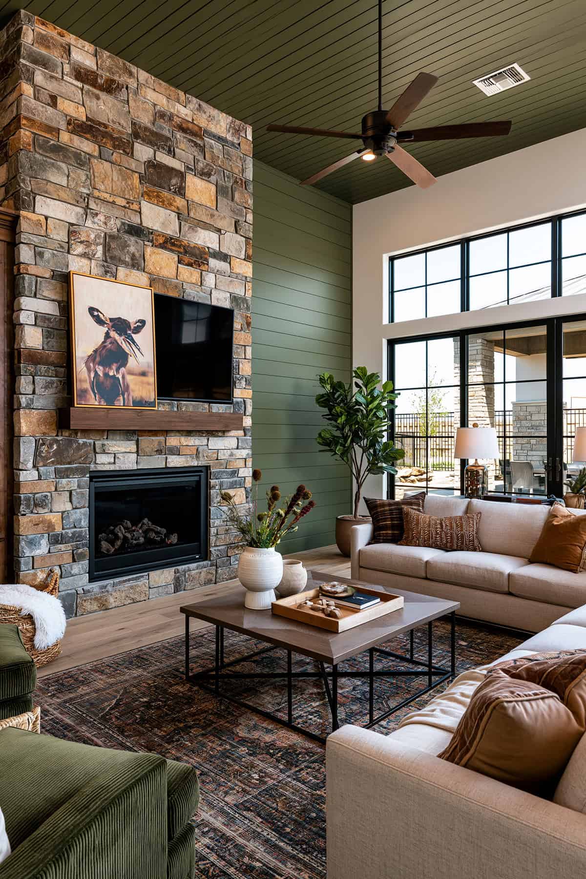 Olive Green Shiplap Fireplace Wall