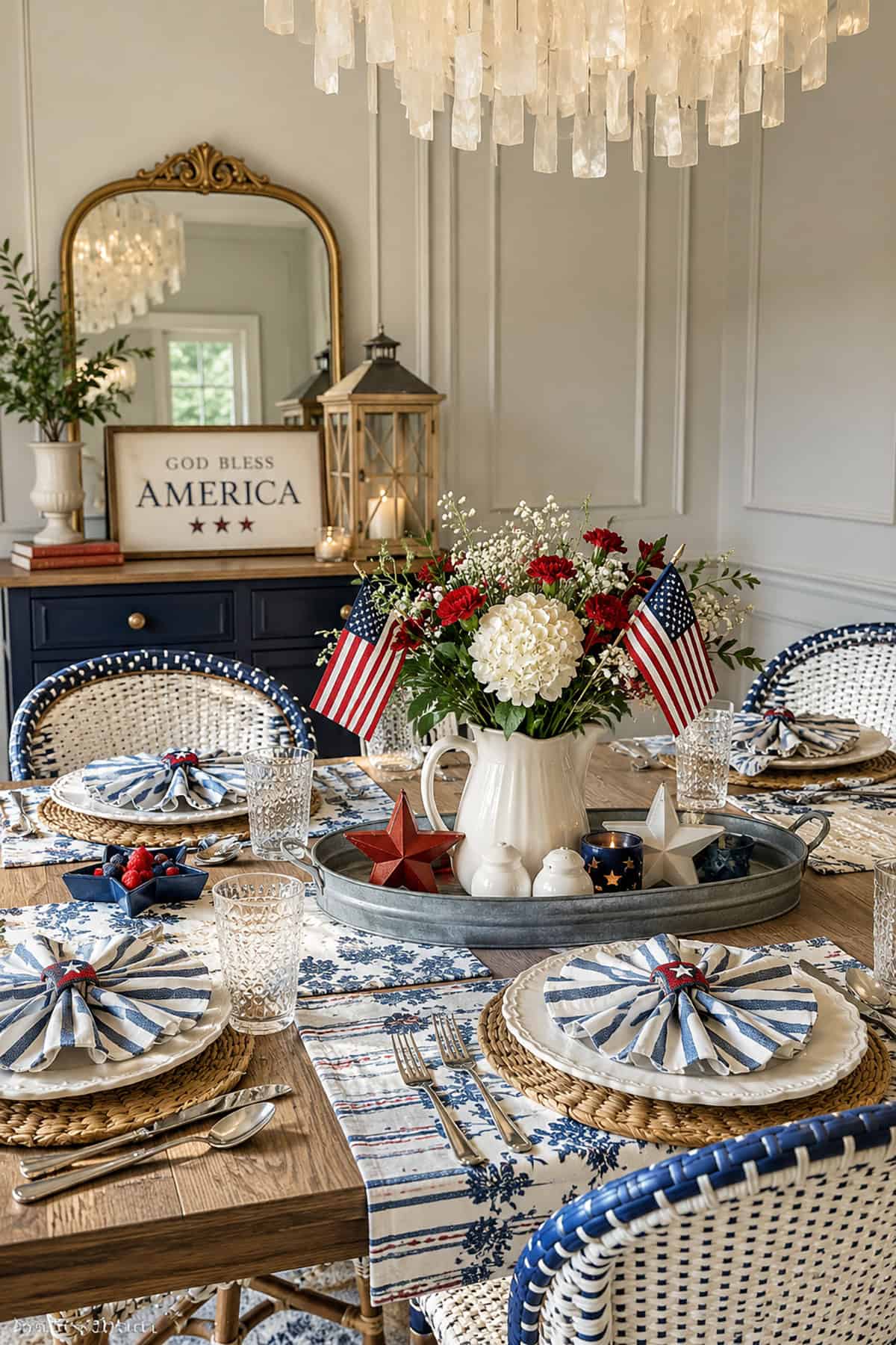 Patriotic Pitcher Floral Arrangement On a Rustic Tray