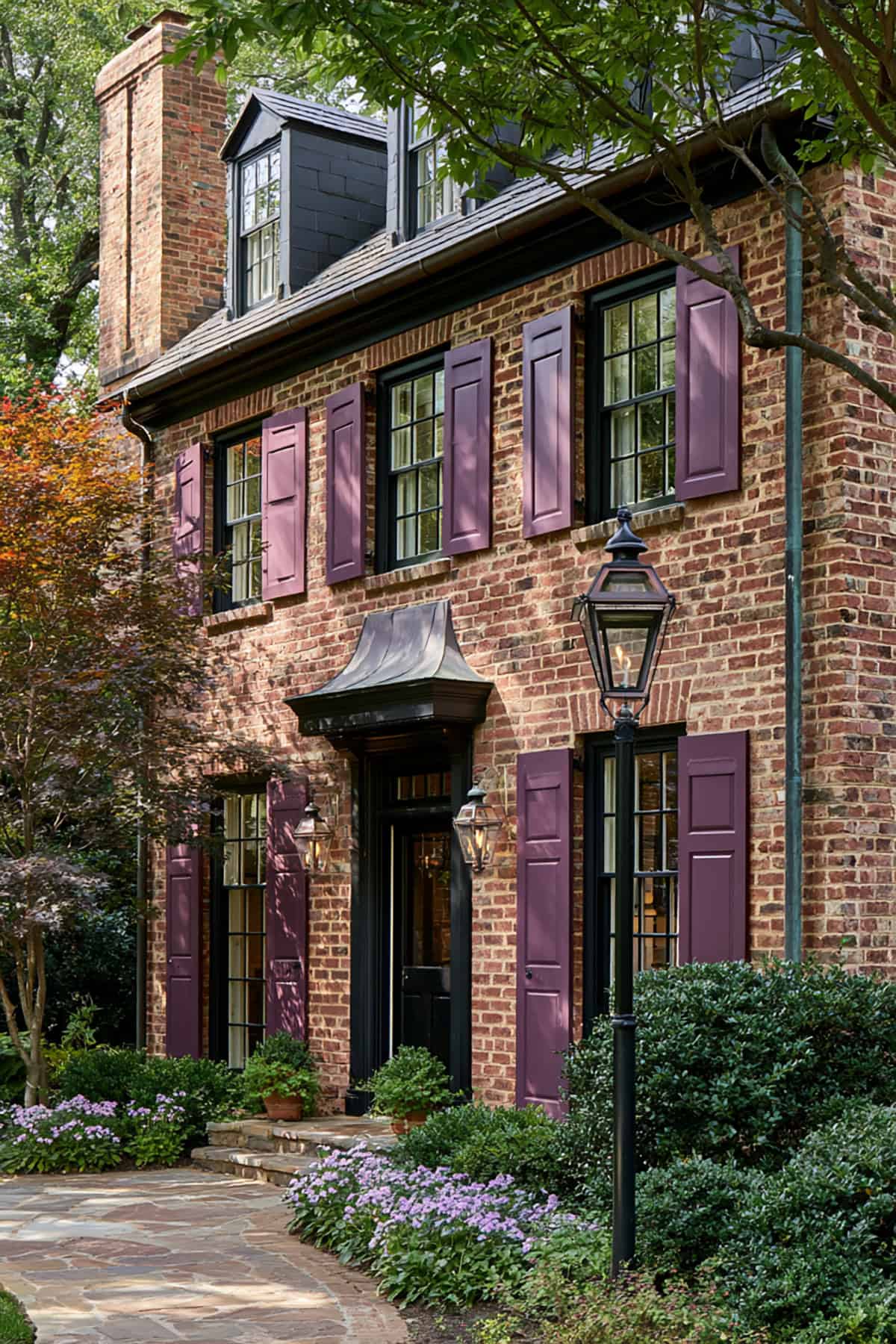Plum Shutters On Dark Brick