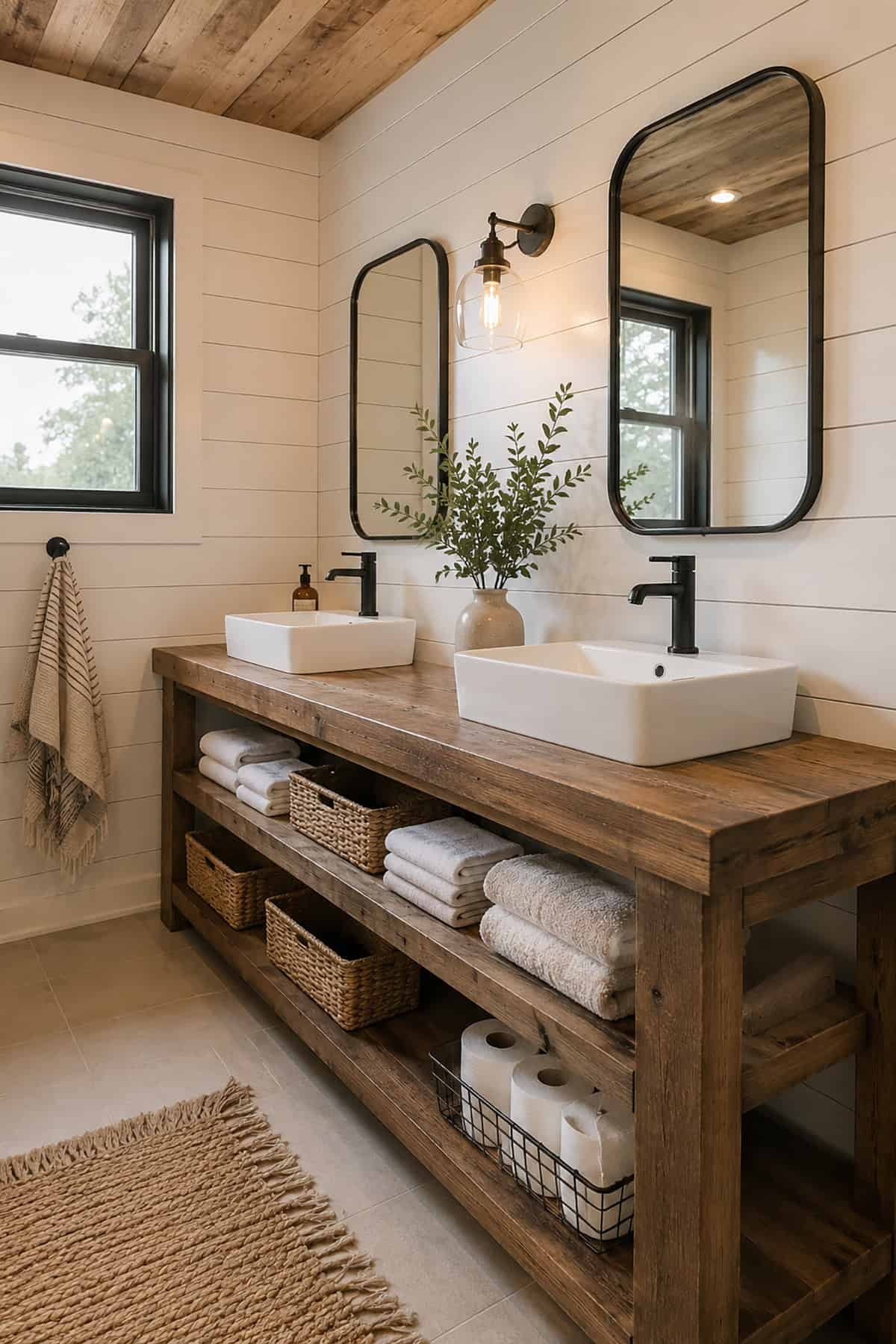 Reclaimed Wood Double Vanity Bathroom with Wood Ceiling