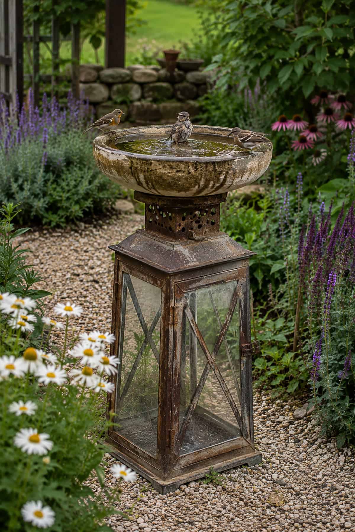 Rustic Lantern Base Bird Bath