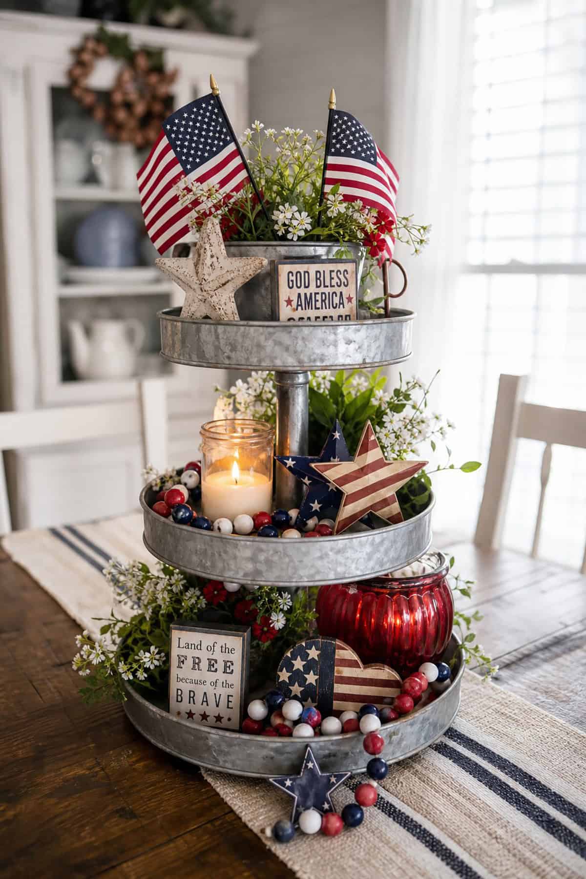 Rustic Patriotic Tiered Tray Centerpiece