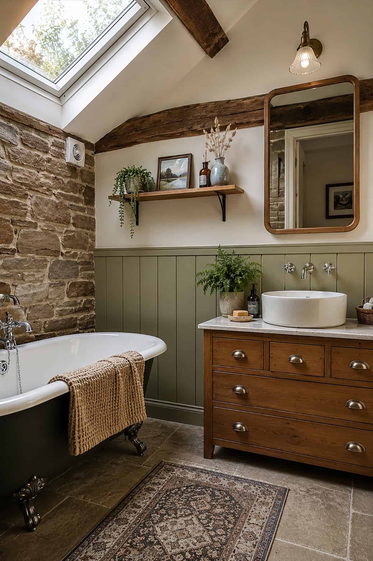 Rustic Stone Wall and Olive Beadboard