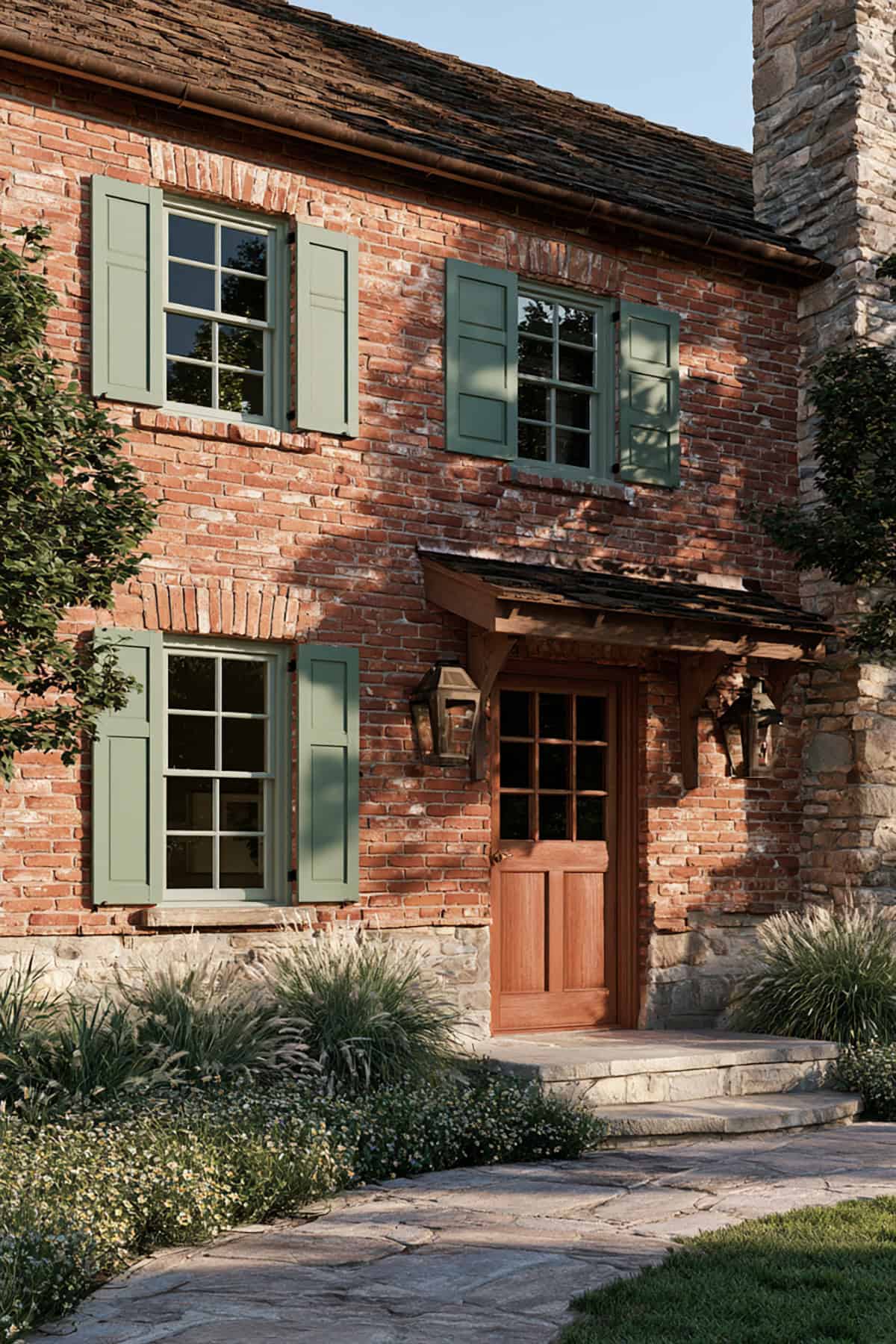 Sage Green Shutters On A Brick Farmhouse
