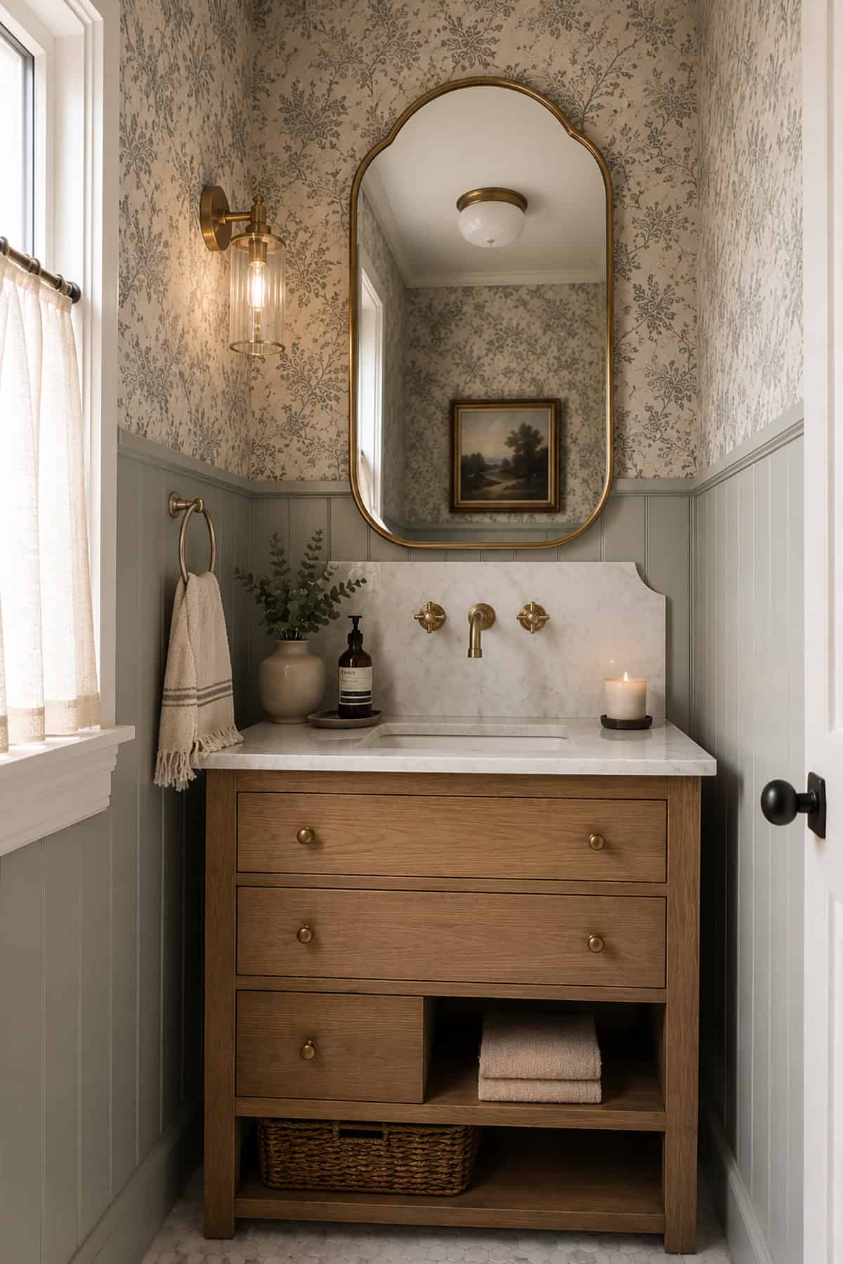 Sage Wainscoting with Floral Wallpaper