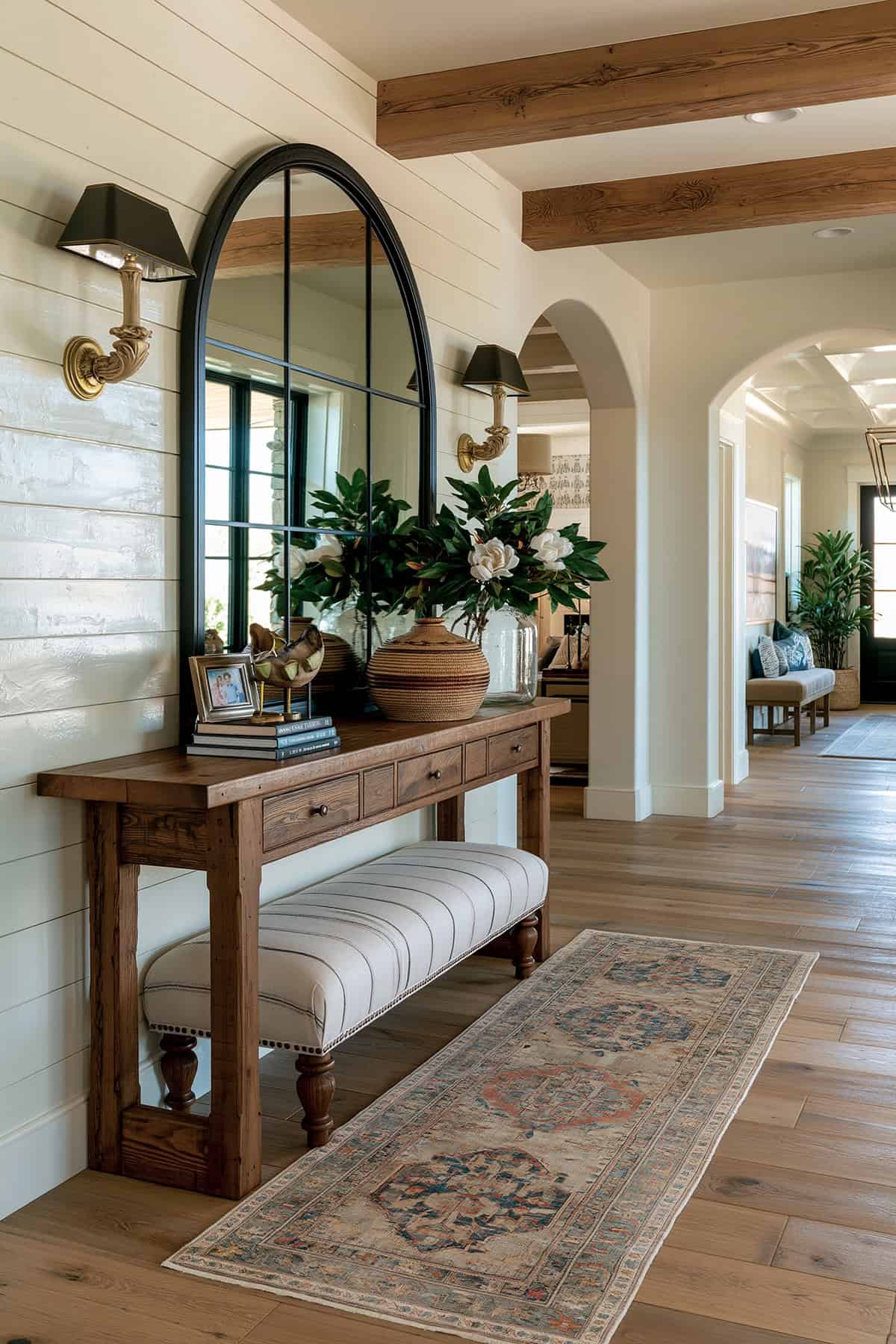 Shiplap Wall With Oversized Arched Mirror