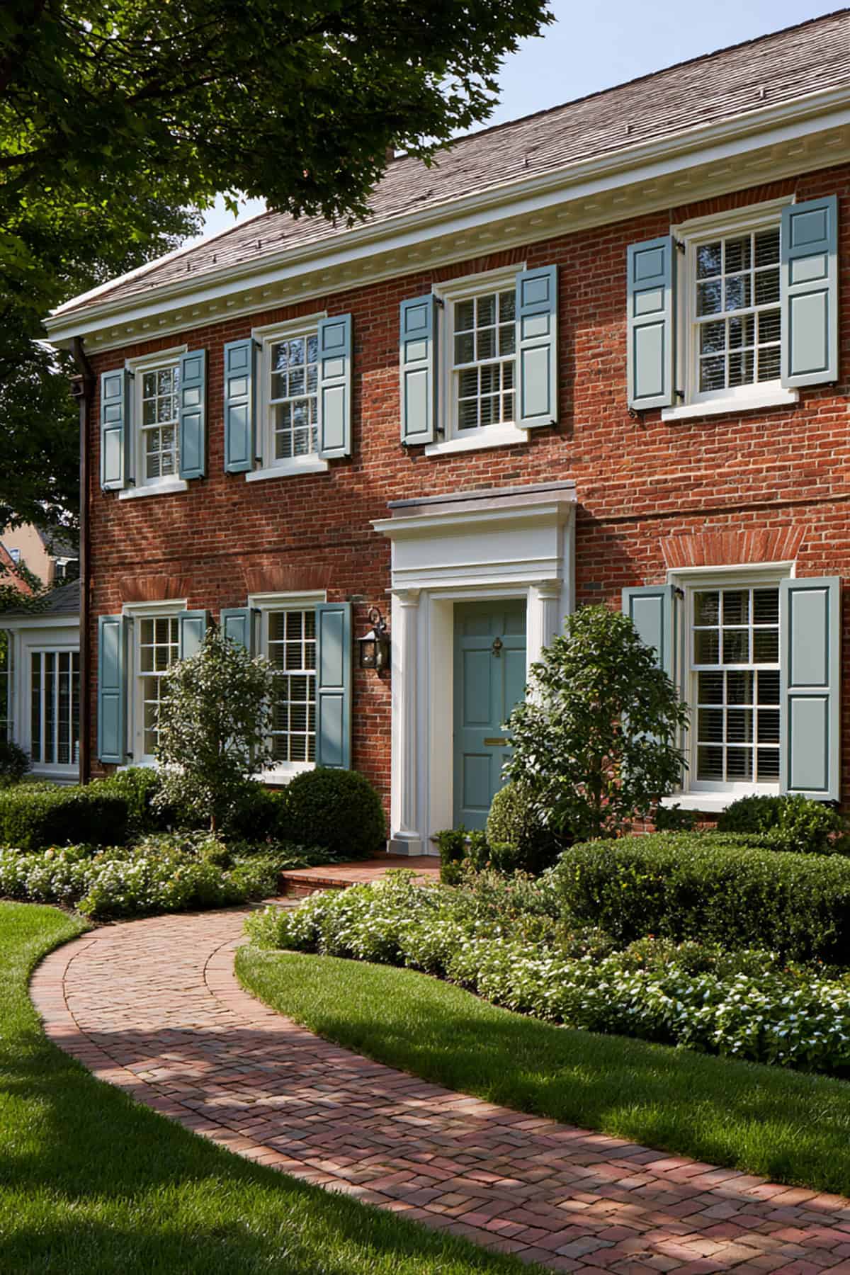 Slate Blue Shutters On Brick Colonial