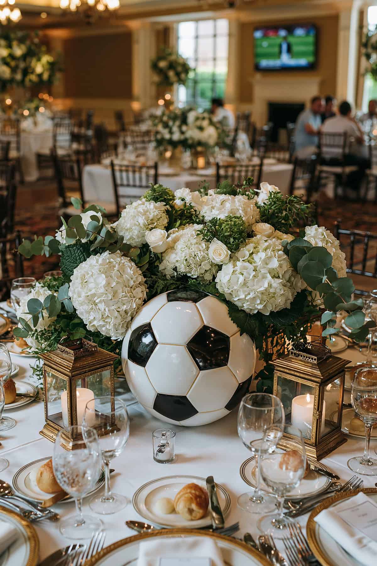 Soccer Ball And White Hydrangea Centerpiece
