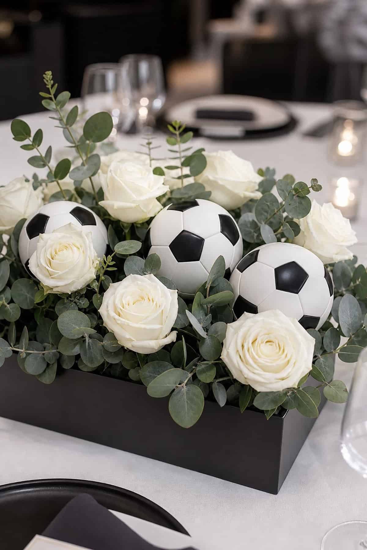 Soccer Ball And White Rose Centerpiece