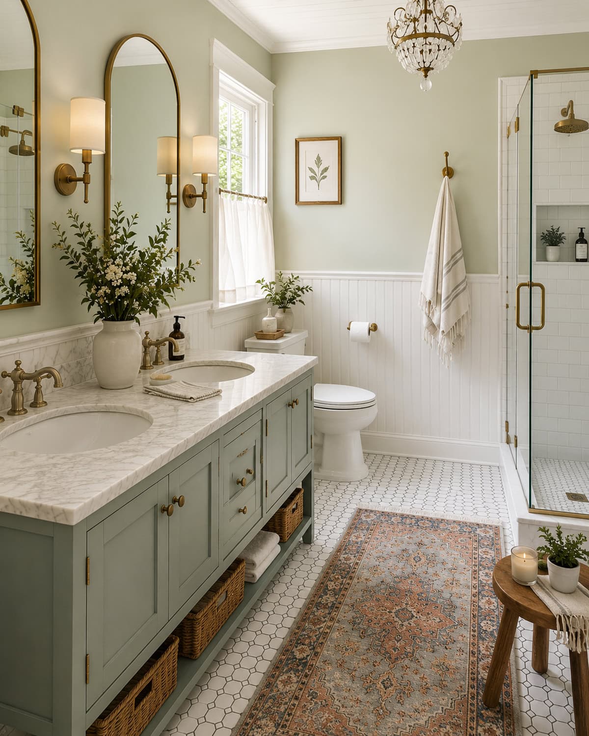 Soft Green Farmhouse Bathroom Palette and White Beadboard