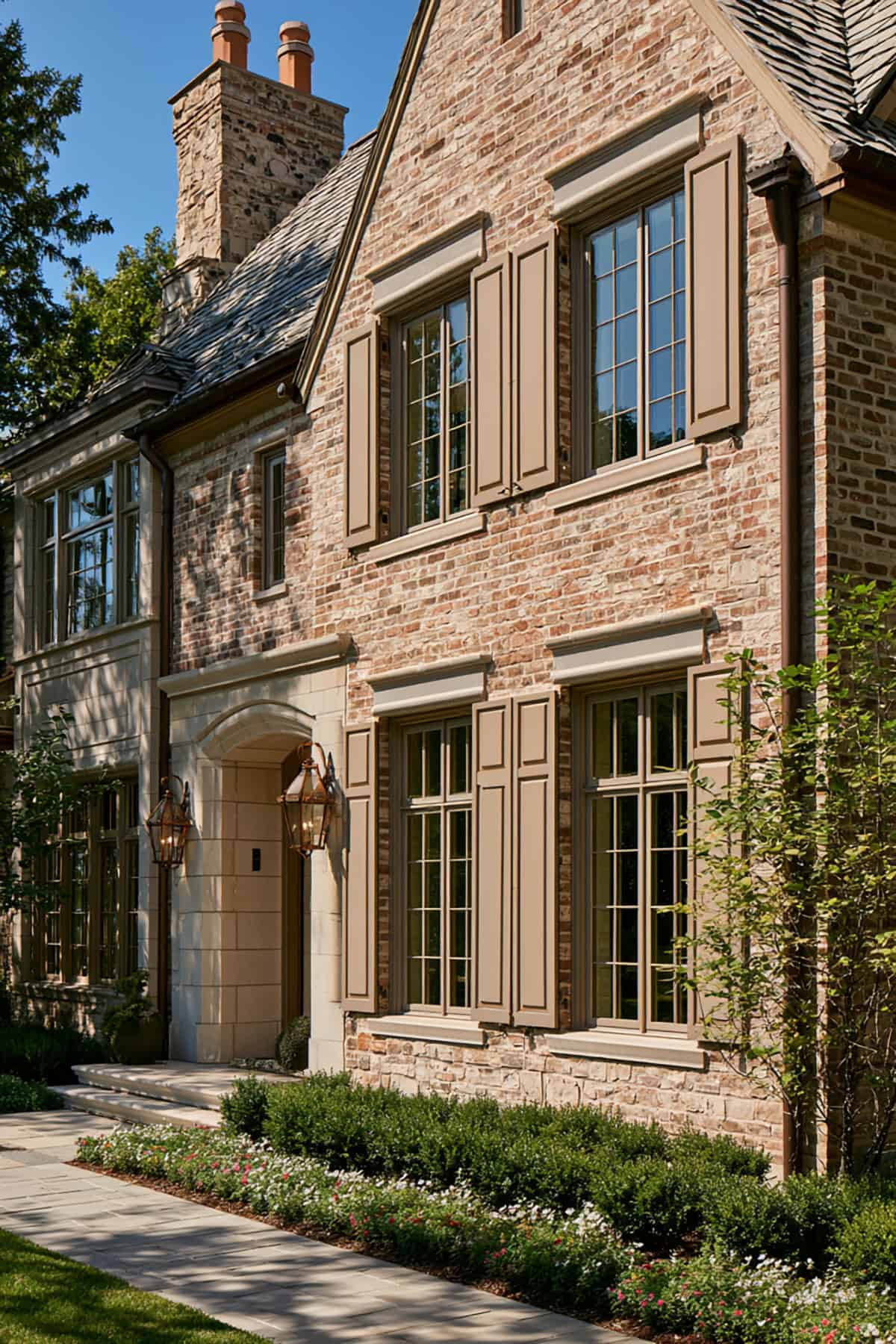 Soft Taupe Shutters On Brick Exterior