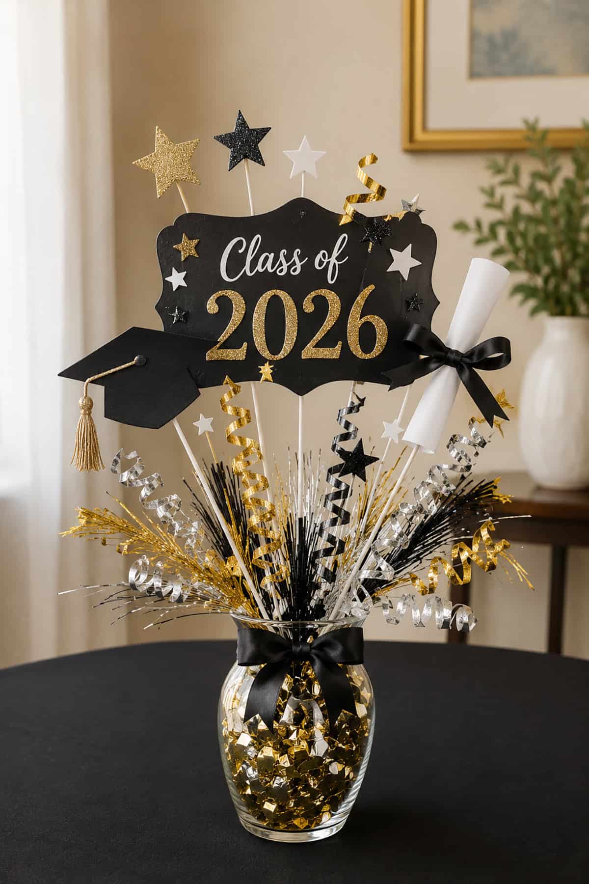 Sparkling Black And Gold Graduation Centerpiece