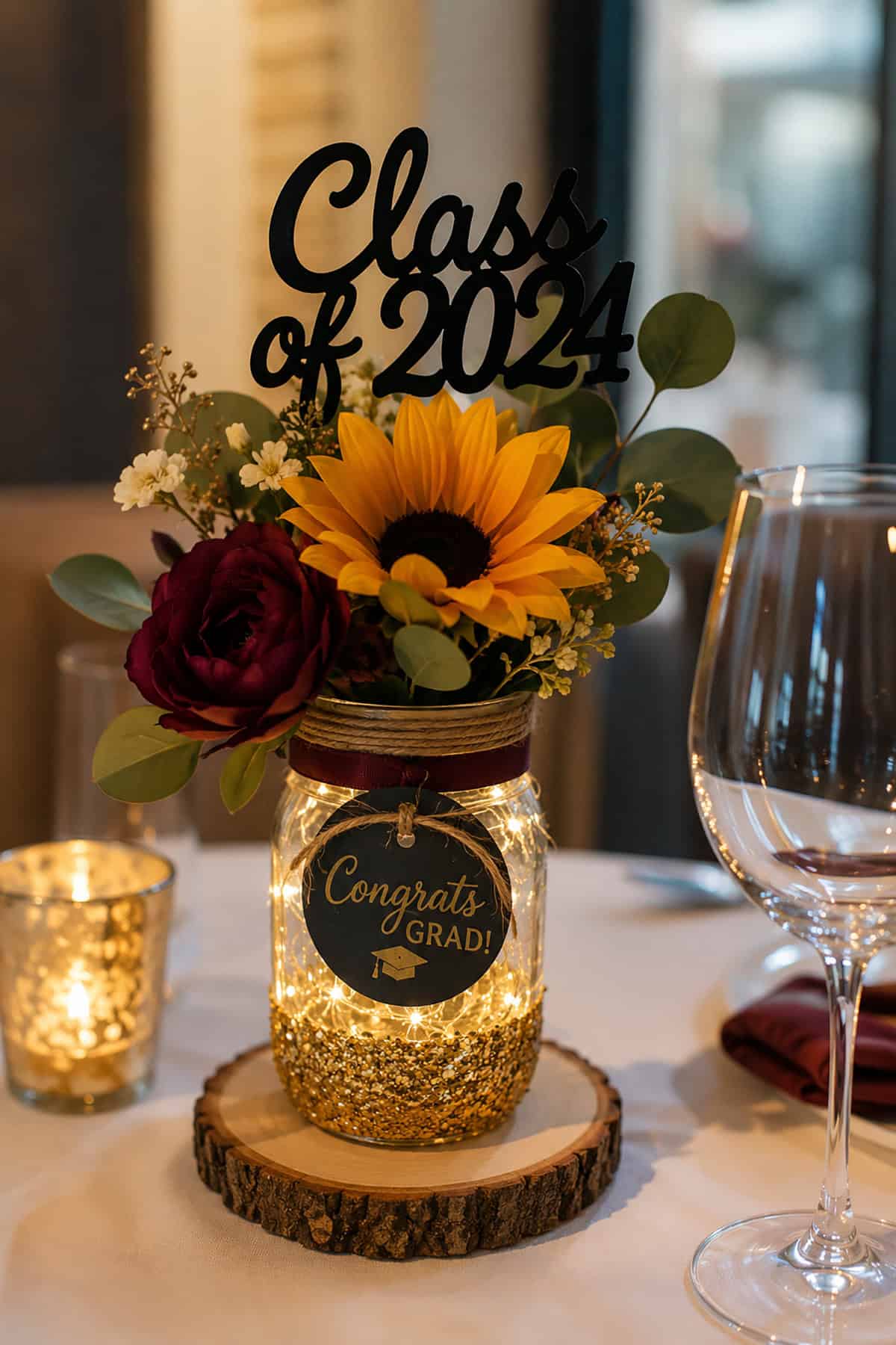 Sunflower And Fairy Light Mason Jar