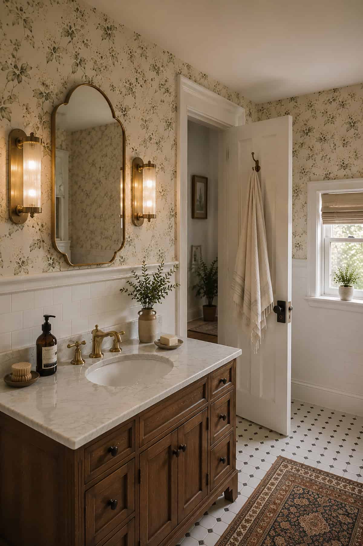 Vintage Floral Wallpaper Accent Bathroom