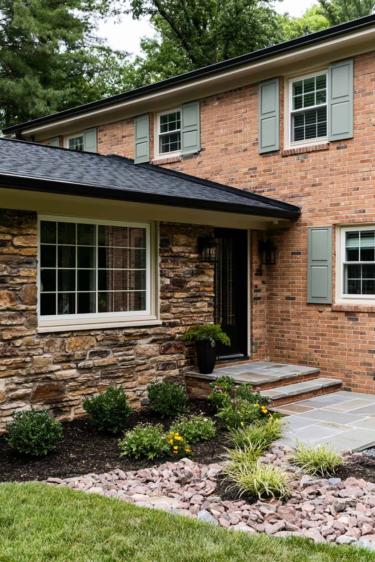 Warm Gray Shutters On Brick Ranch