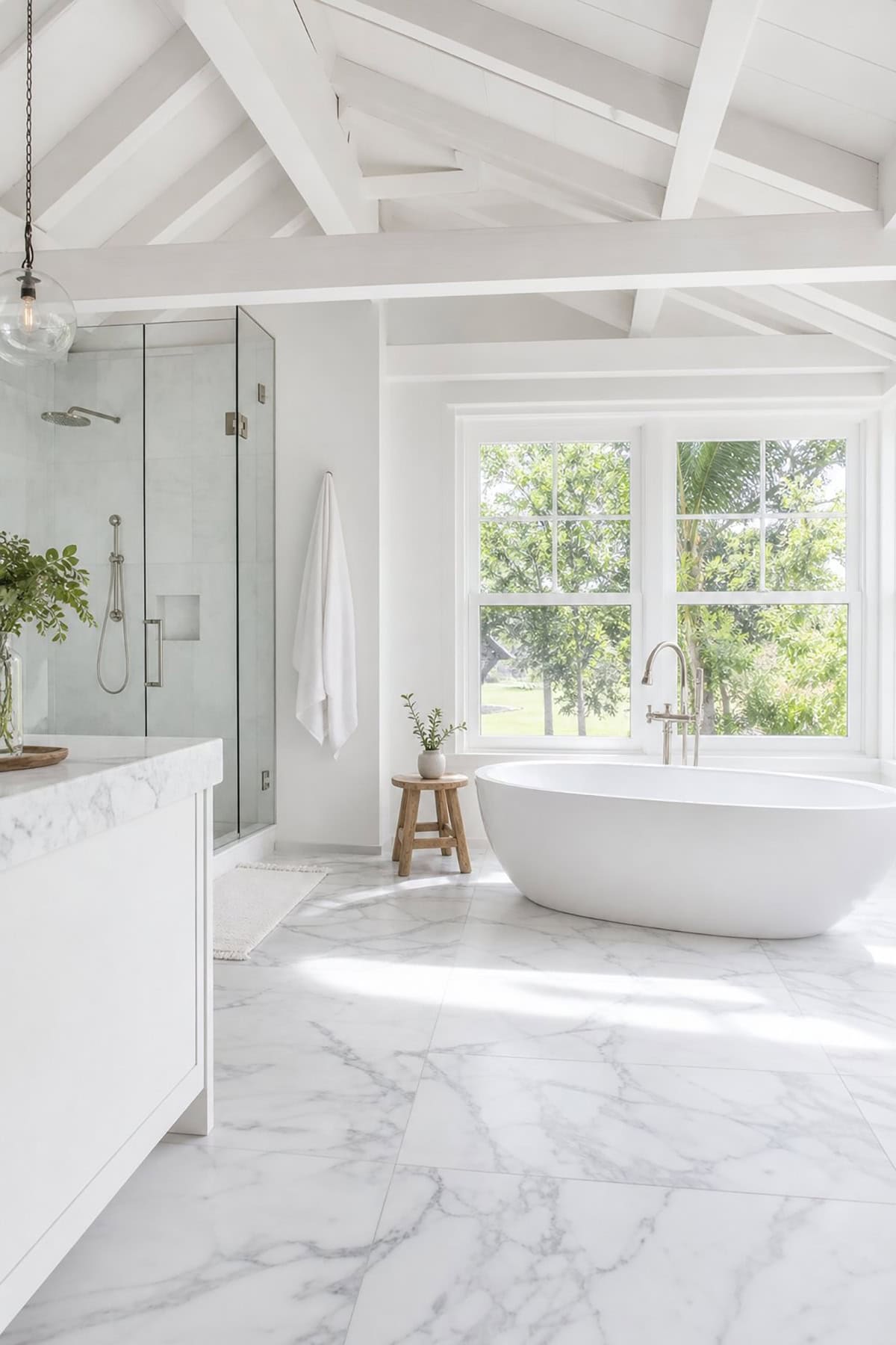 White Bathroom With Ceiling Beams