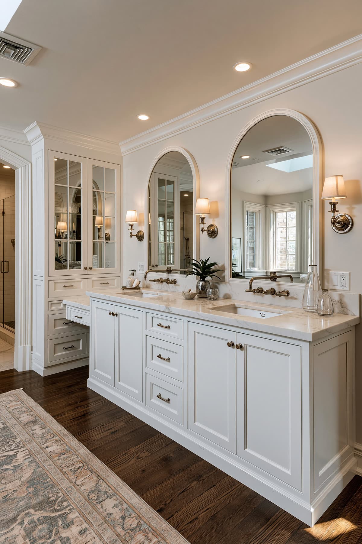White Bathroom With Double Arched Mirrors