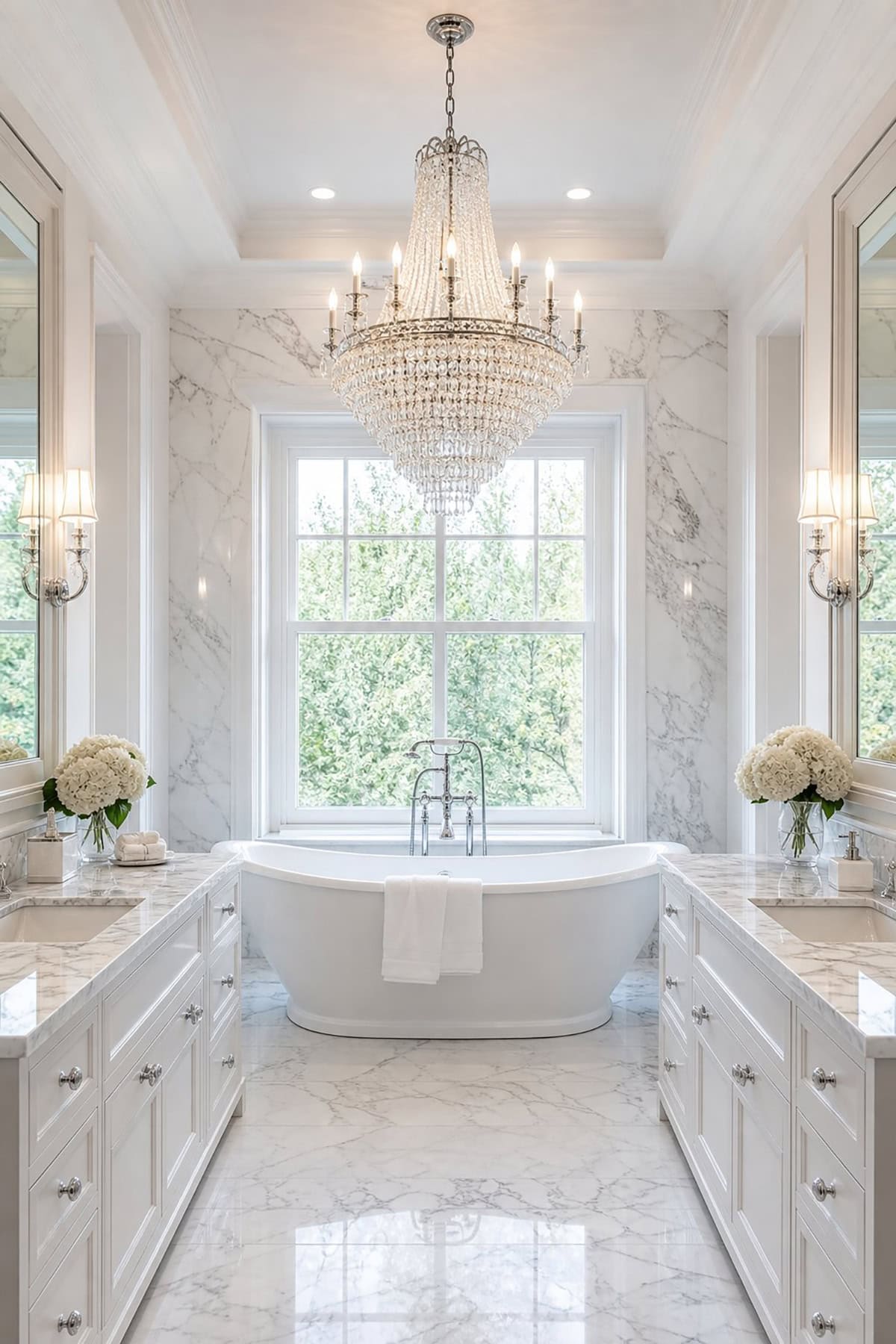 White Bathroom With Statement Chandelier