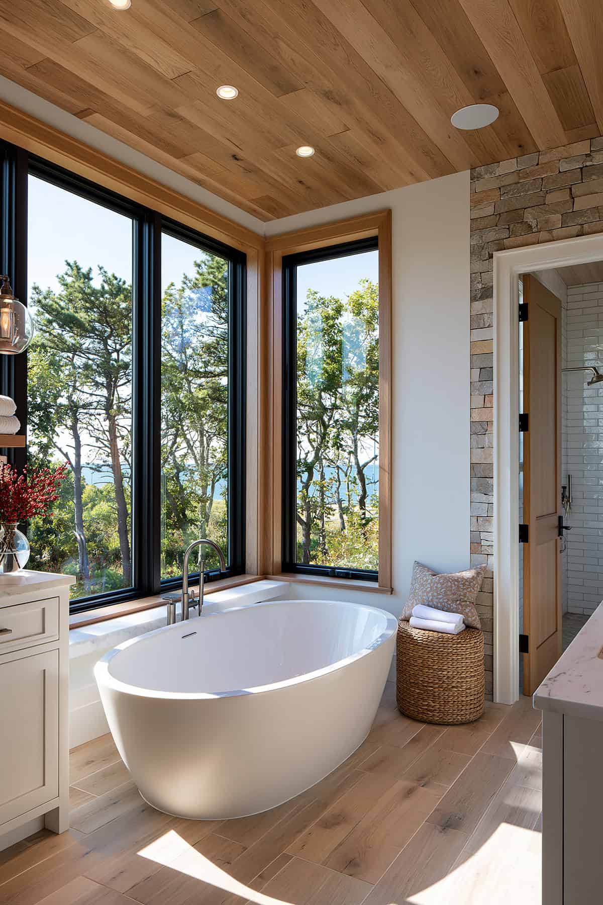 White Bathroom With White Oak Ceiling