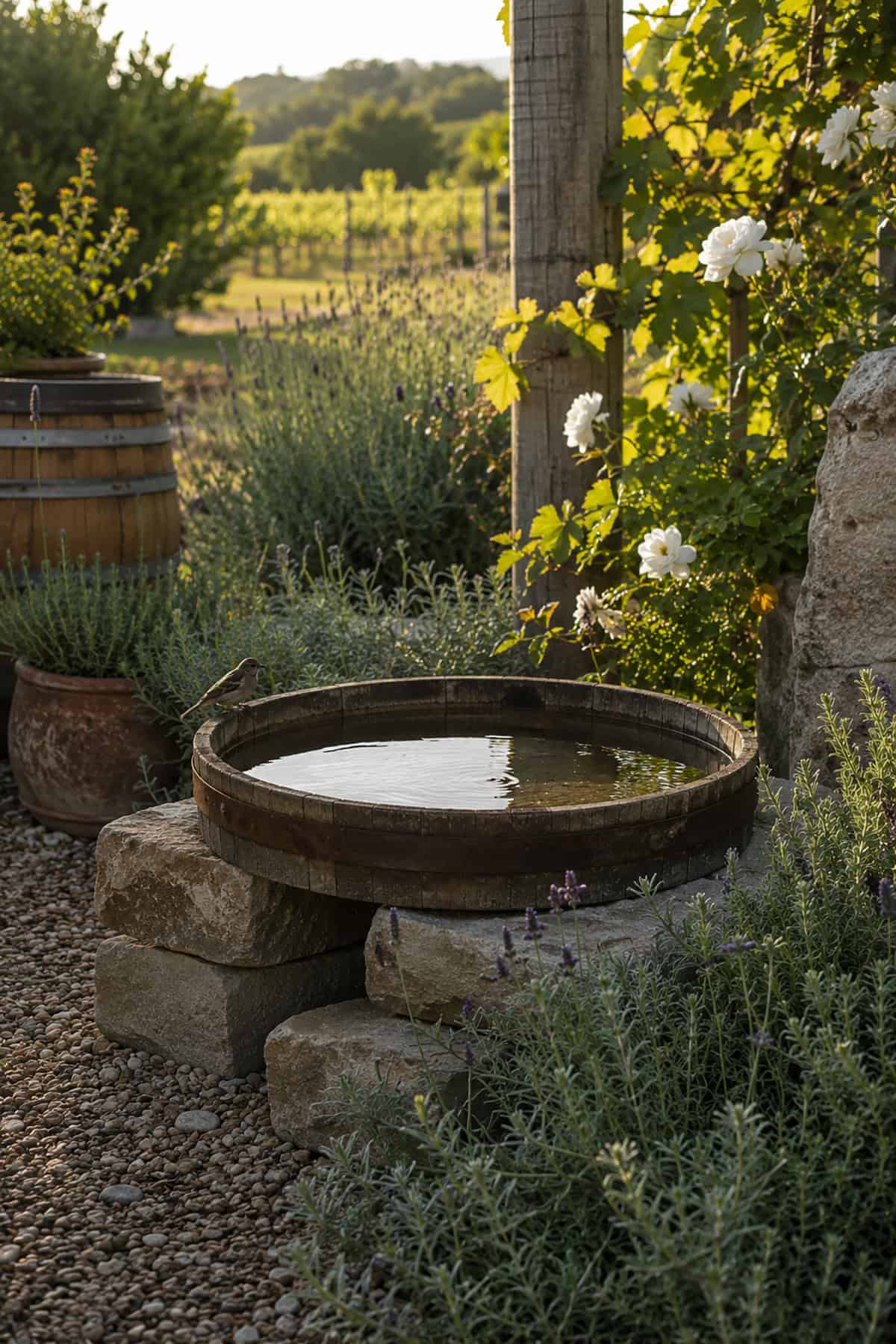 Wine Barrel Lid Bird Bath