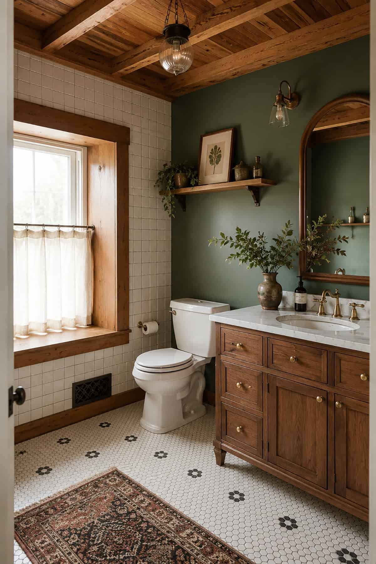 Wood Ceiling And Green Wall Combination
