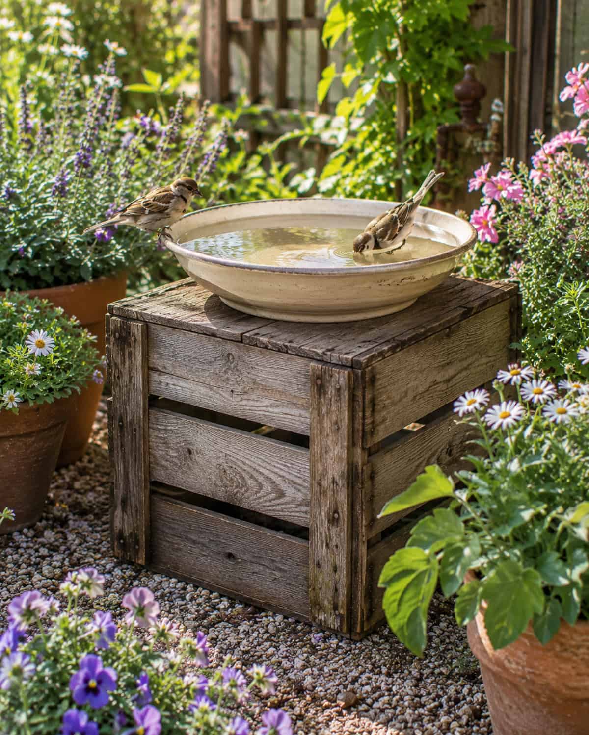 Wooden Crate Bird Bath Stand