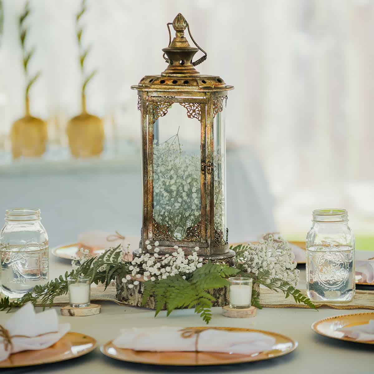 Baby’s Breath Filled Lantern Centerpiece