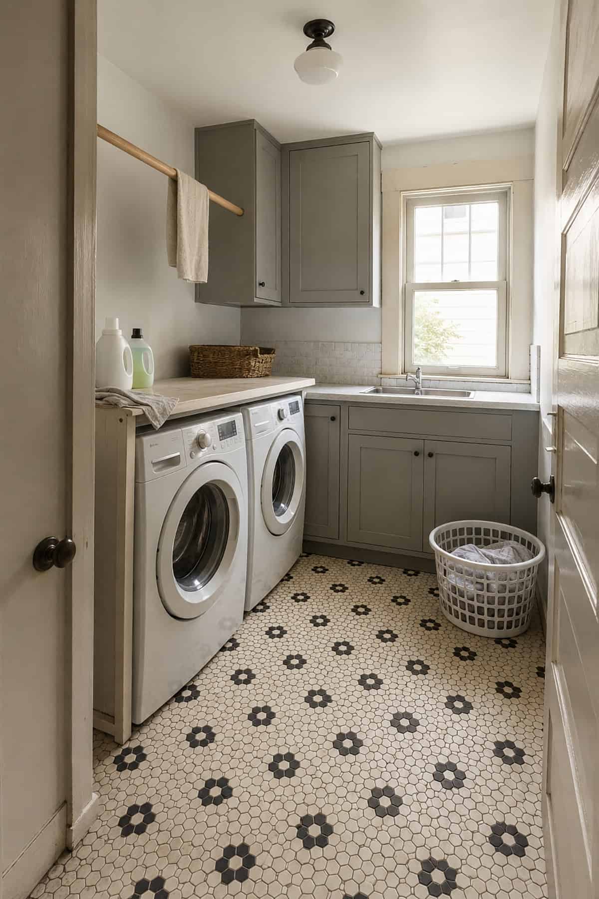 Black Floral Hex Mosaic Flooring