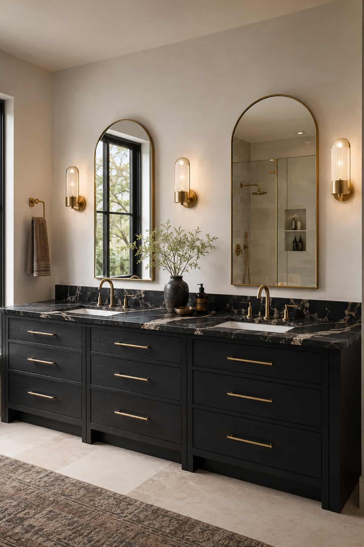 Black Quartzite Double Vanity With Brass Details