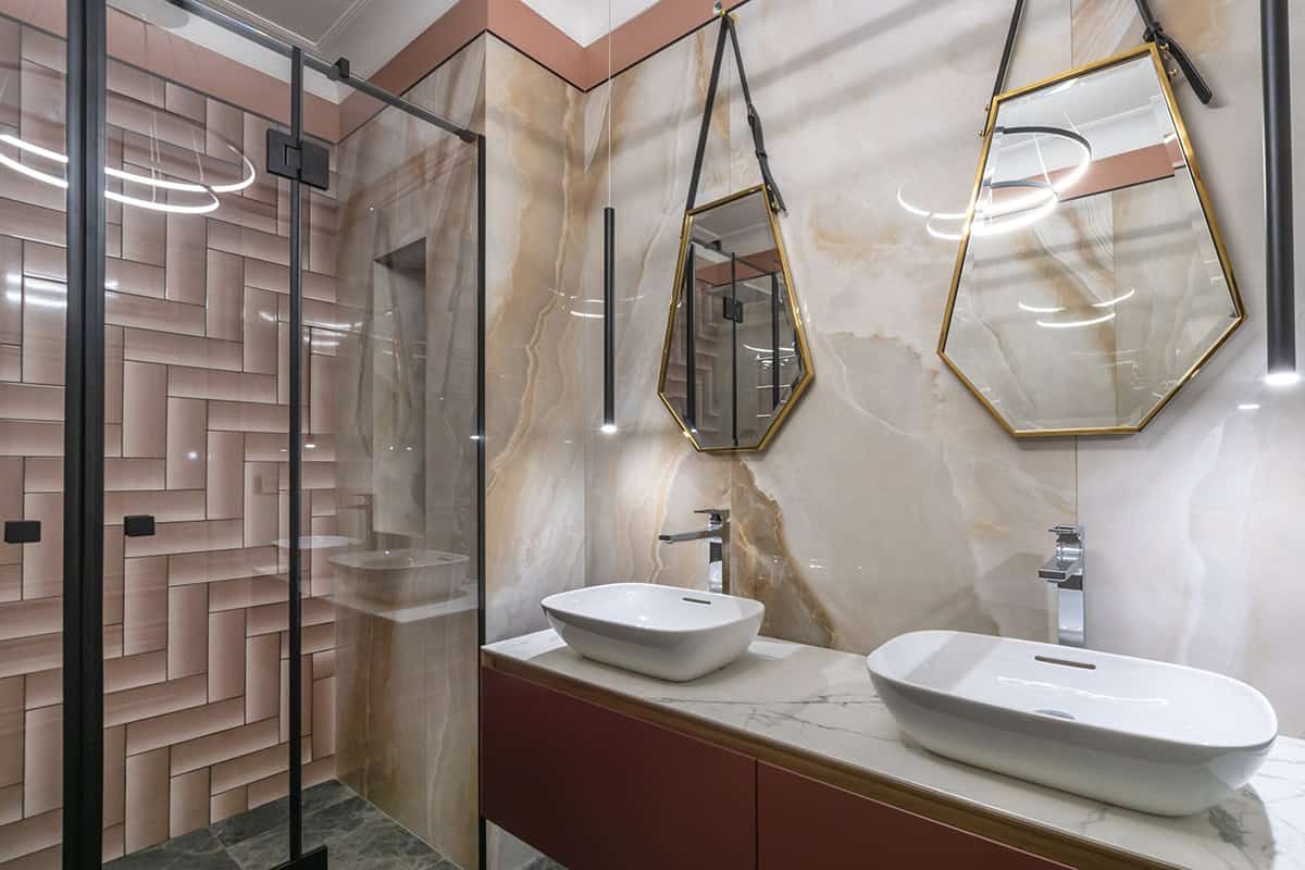 Blush Double Vanity With Geometric Mirrors