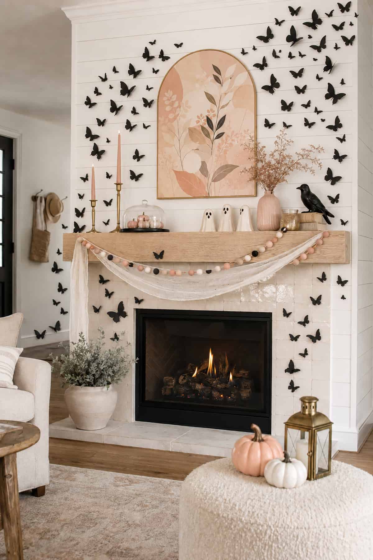 Blush Halloween Mantel With Butterflies