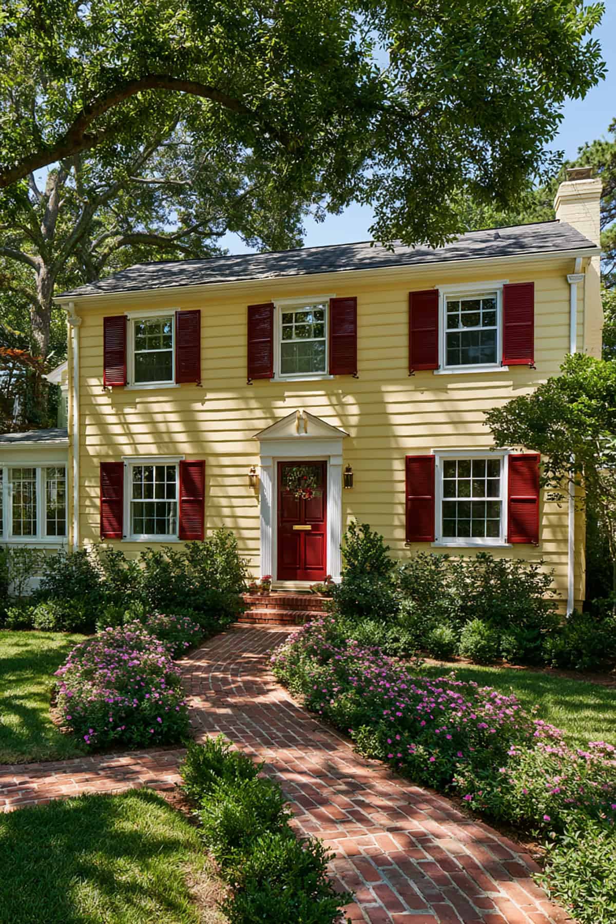 Brick Red Shutters On A Yellow Colonial