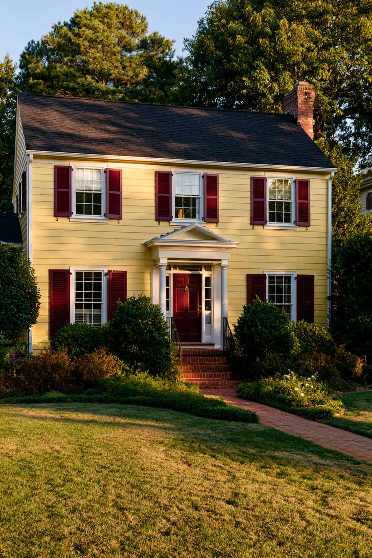 Burgundy Shutters On A Yellow House