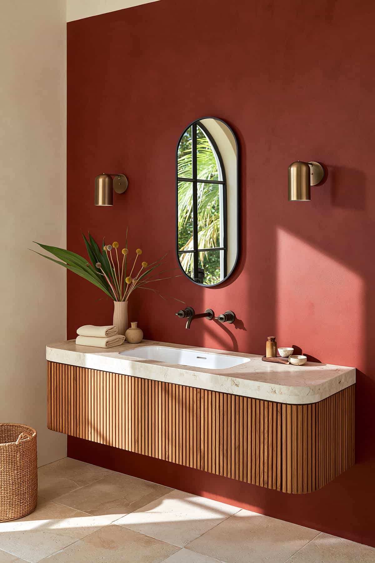 Burnt Sienna Bathroom With A Fluted Vanity