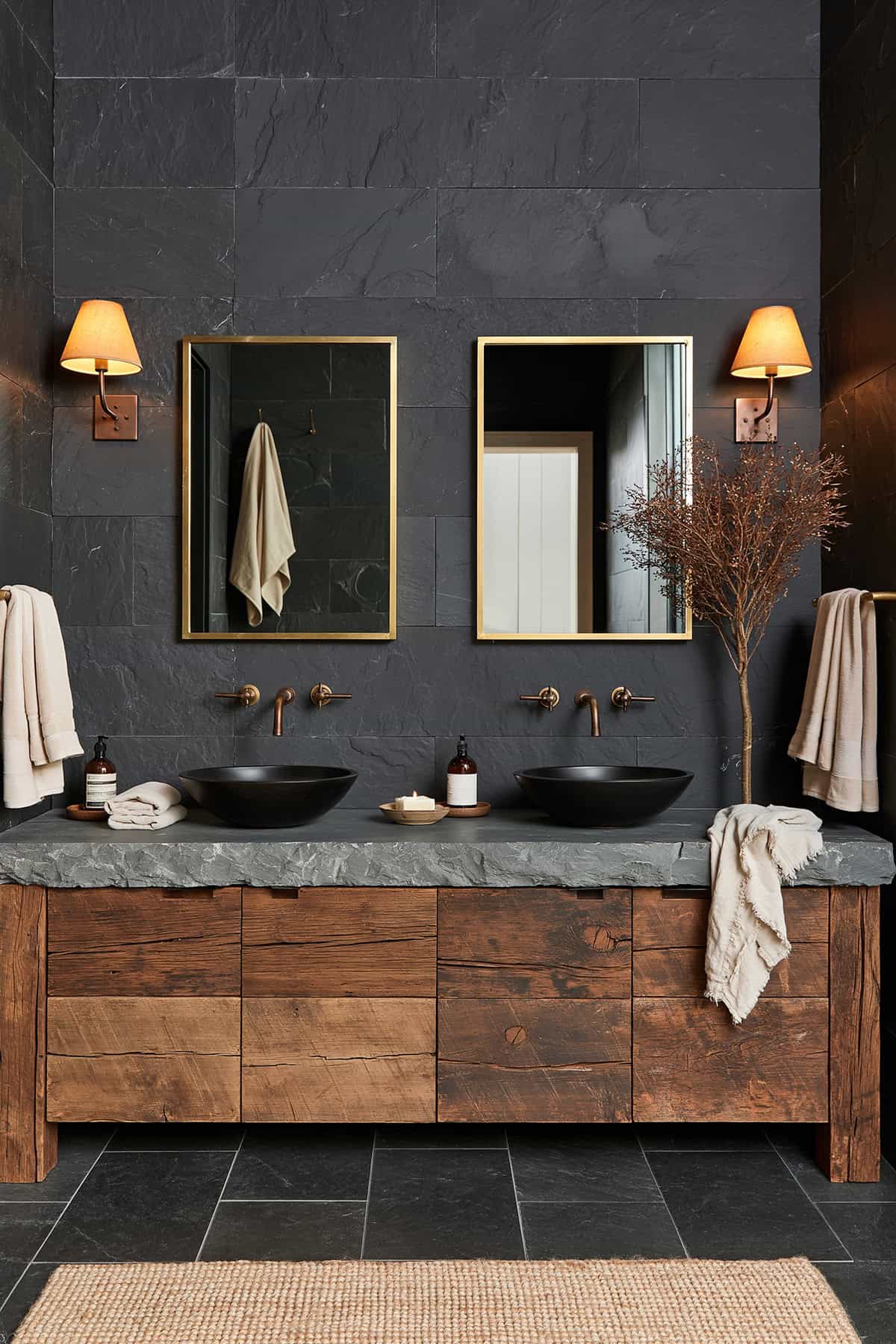 Charcoal Stone Bathroom With Reclaimed Wood