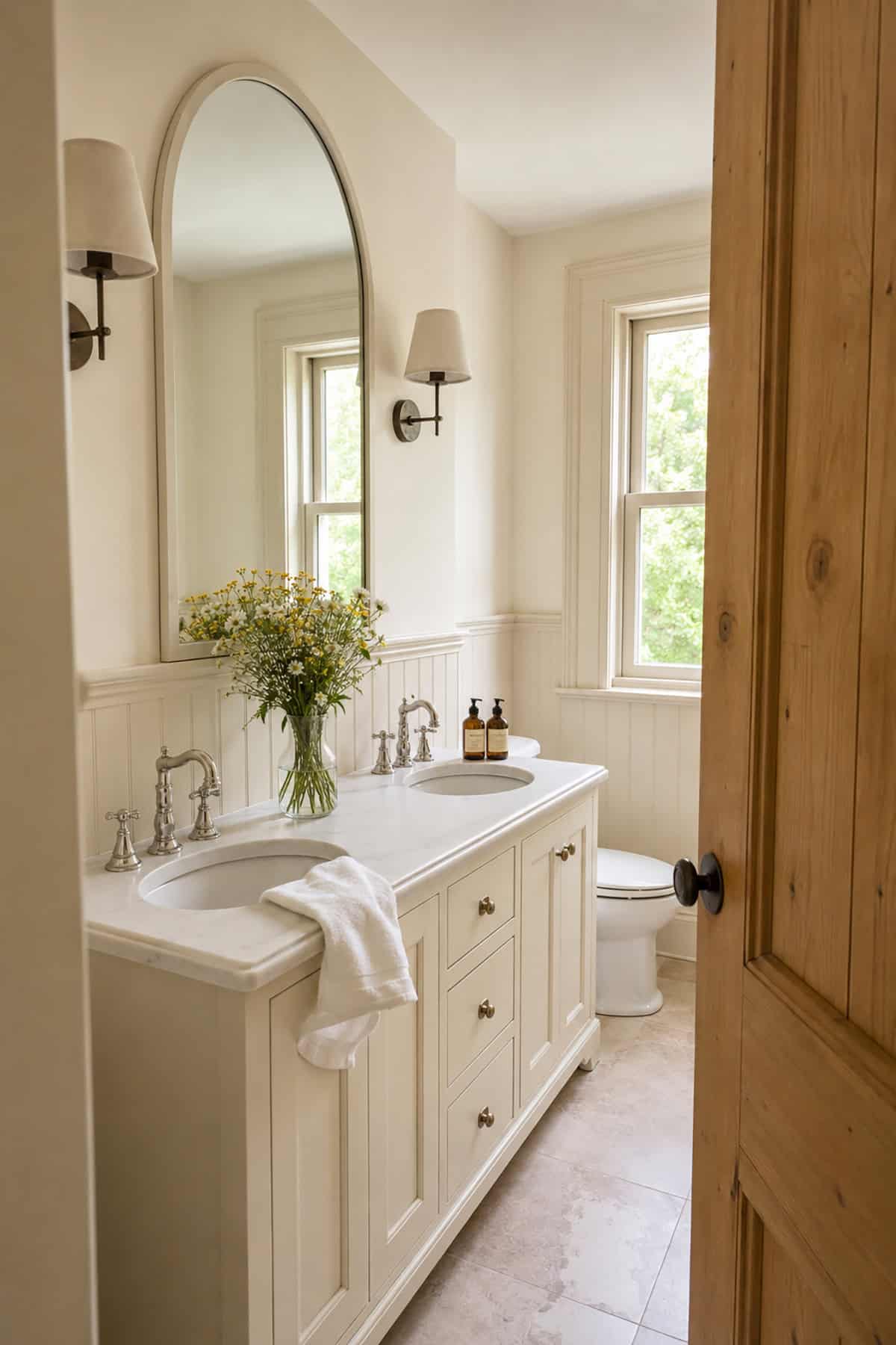 Compact White Double Vanity Behind An Oak Door