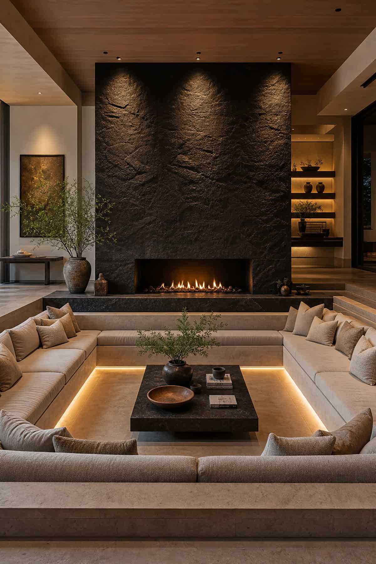 Conversation Pit With Black Stone Fireplace