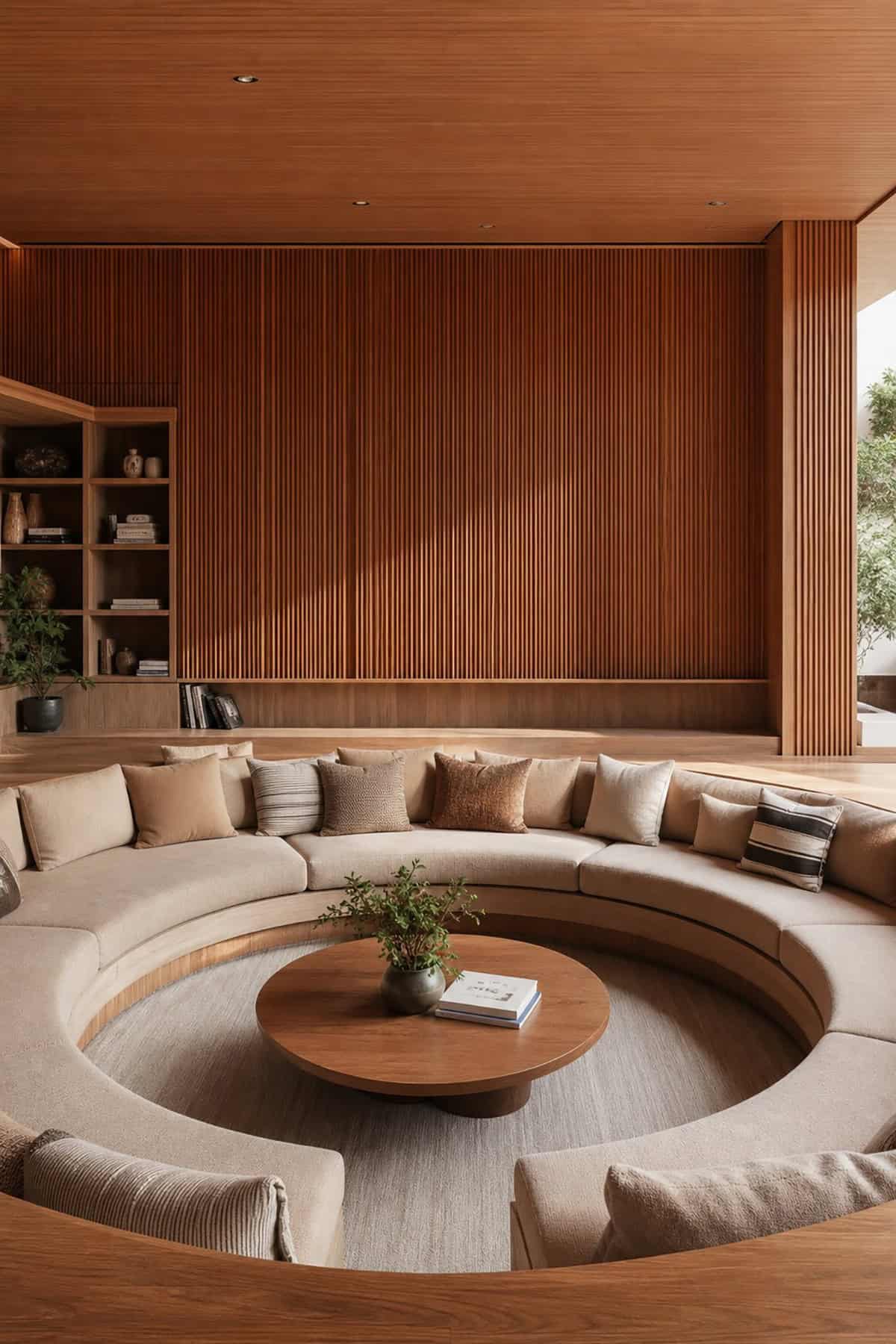 Conversation Pit With Fluted Wood Detailing