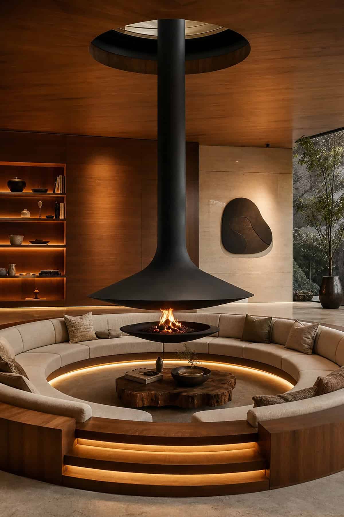 Conversation Pit With Hanging Fireplace