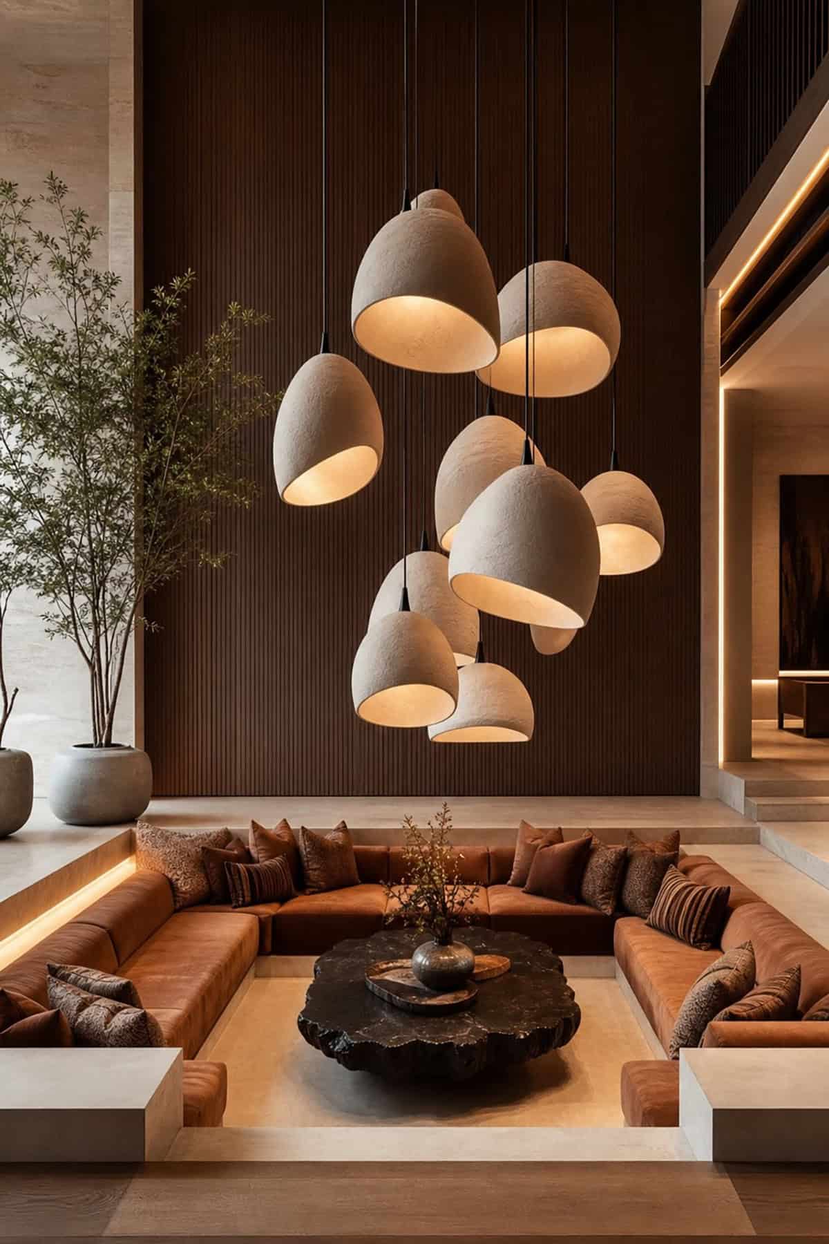 Conversation Pit With Suspended Pendant Cluster