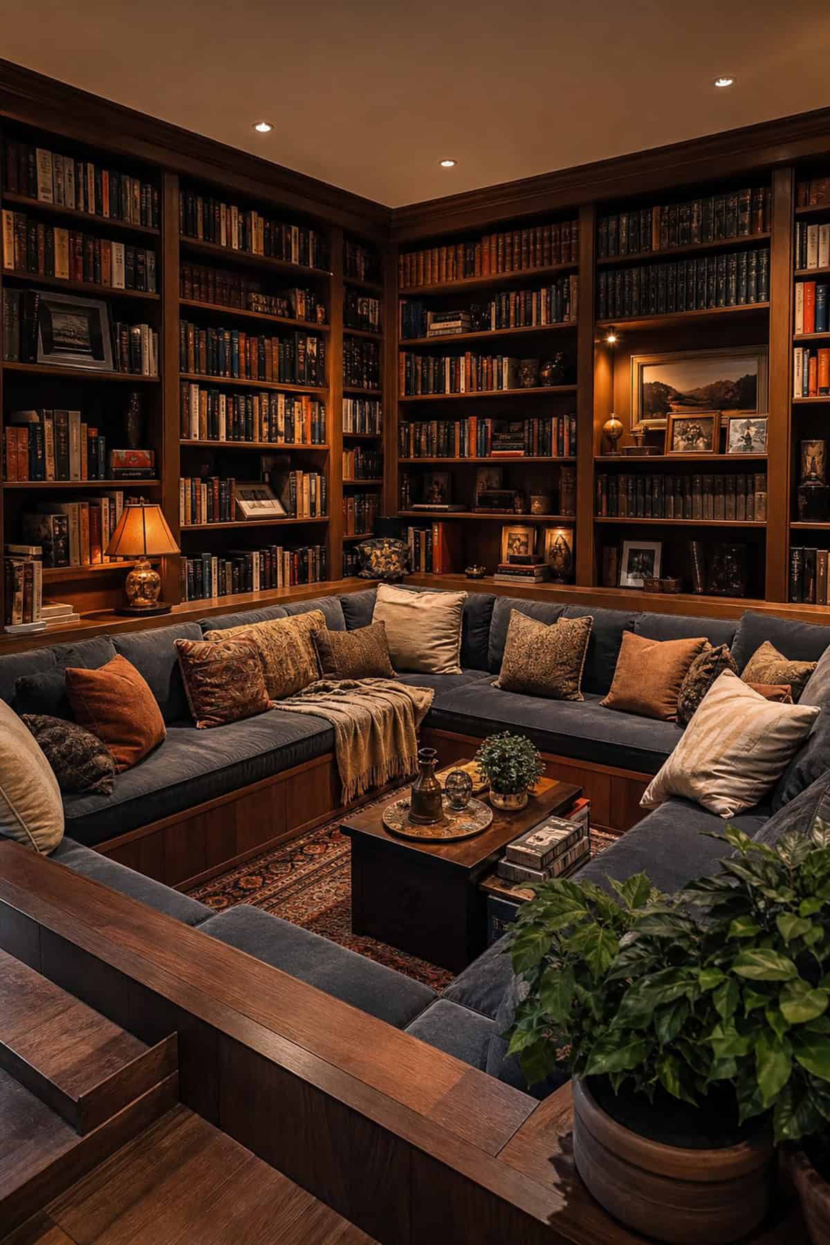 Conversation Pit With Wraparound Bookshelves