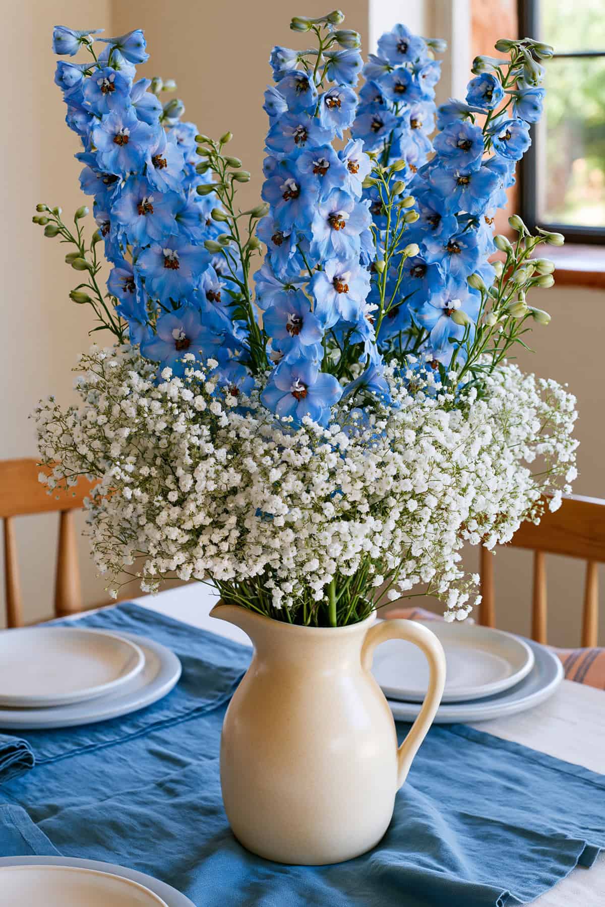 Delphinium And Baby’s Breath Ceramic Pitcher